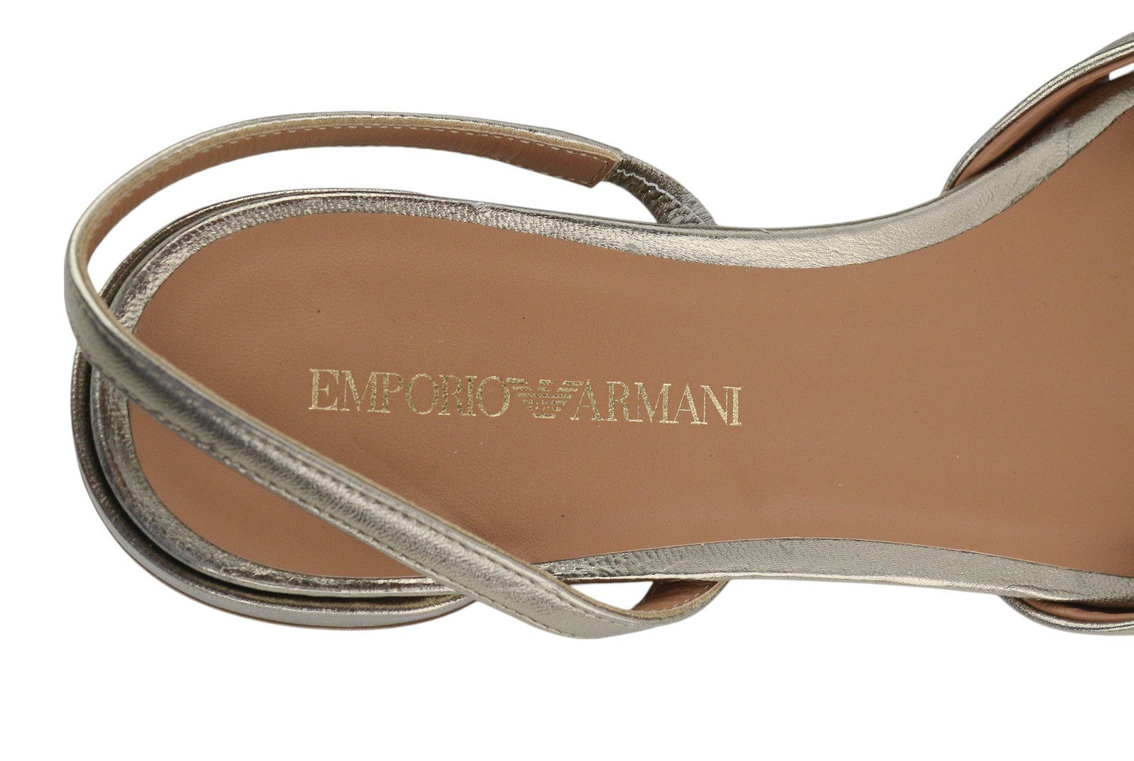 EMPORIO ARMANI moteriškos basutės, 37 EU, blizgančios auksinės spalvos, odinės, užsegamos, be kulno, su logotipu 
