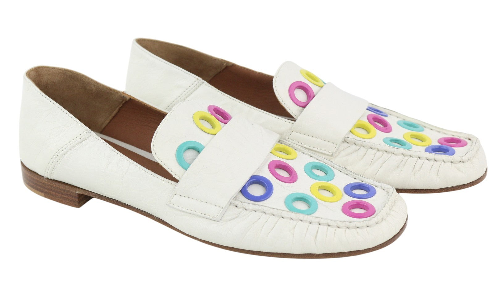 EMPORIO ARMANI moteriški bateliai, 37 €, balti, odiniai, kvadratinės nosies, spalvingos detalės, mokasinai. 