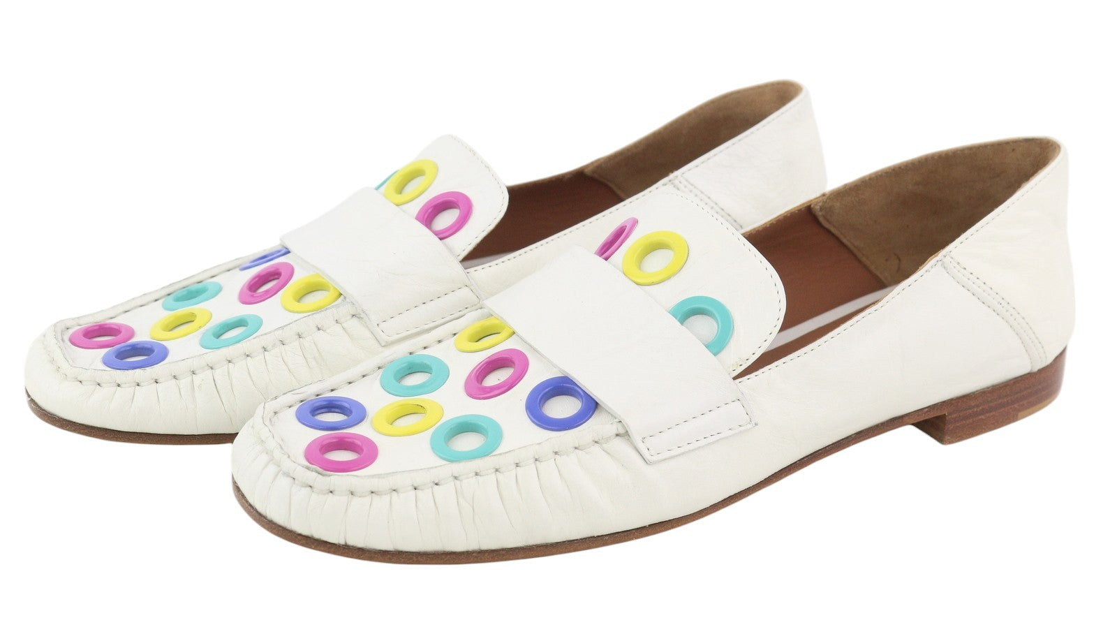 EMPORIO ARMANI moteriški bateliai, 37 €, balti, odiniai, kvadratinės nosies, spalvingos detalės, mokasinai. 