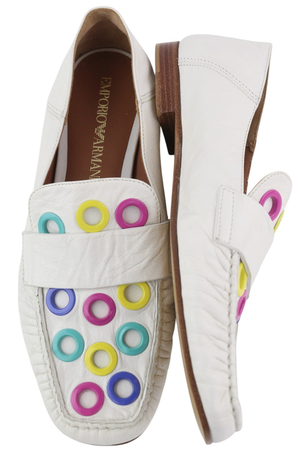 EMPORIO ARMANI moteriški bateliai, 37 €, balti, odiniai, kvadratinės nosies, spalvingos detalės, mokasinai. 