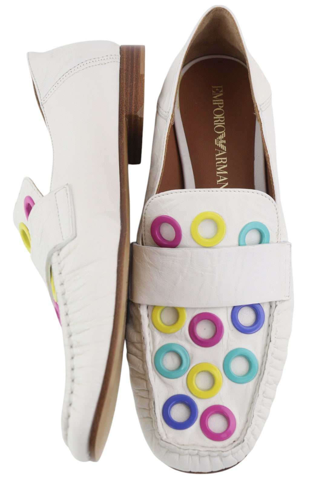 EMPORIO ARMANI moteriški bateliai, 37 €, balti, odiniai, kvadratinės nosies, spalvingos detalės, mokasinai. 