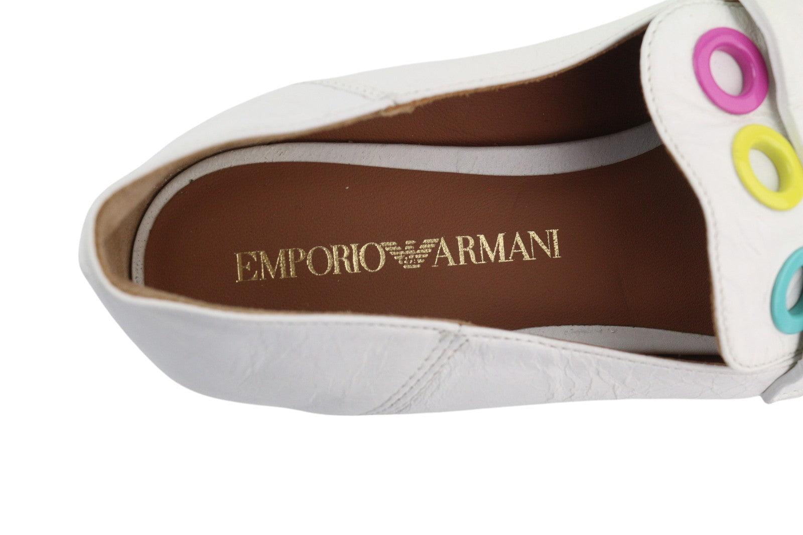EMPORIO ARMANI moteriški bateliai, 37 €, balti, odiniai, kvadratinės nosies, spalvingos detalės, mokasinai. 
