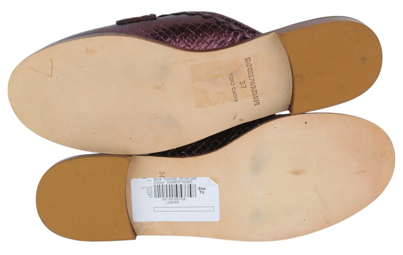 EMPORIO ARMANI X3A068 moteriški bateliai be kulno, 37 dydžio, violetinės odos, užsegamos basutės, blizgios. 