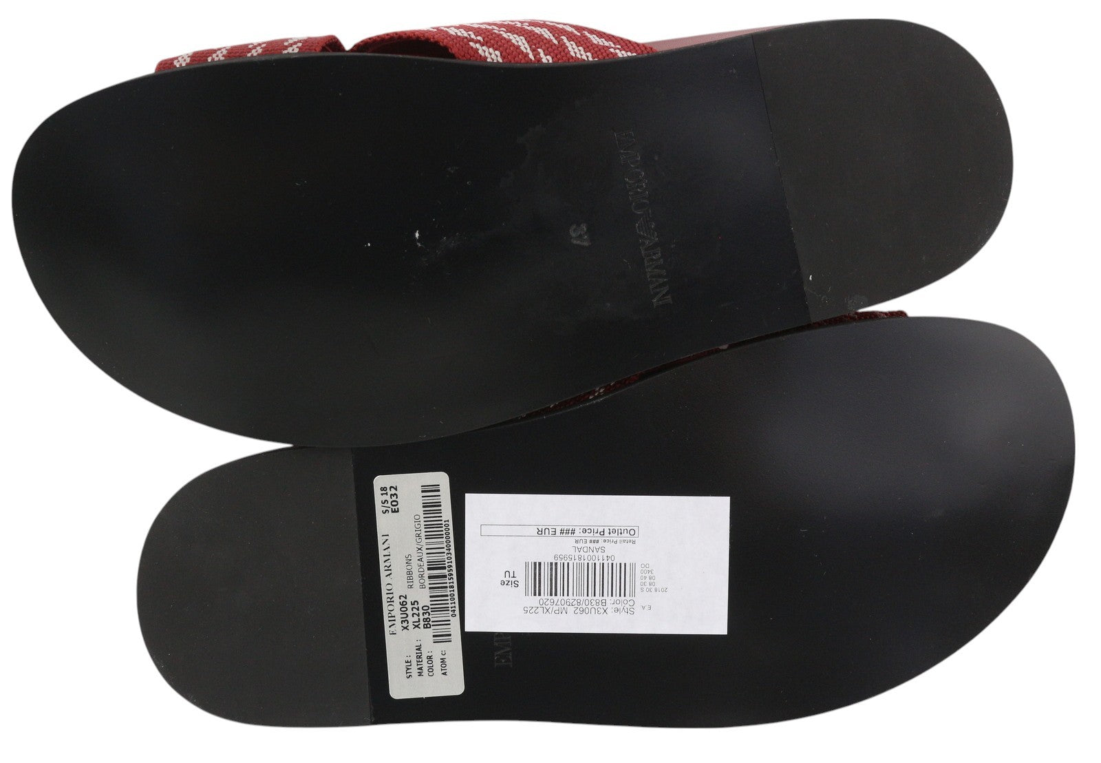 EMPORIO ARMANI X3U062 moteriški bateliai be kulno, 37 dydžio, bordo spalvos, raštuotos įmaunami basutės, rekomenduojama kaina – 215 € 