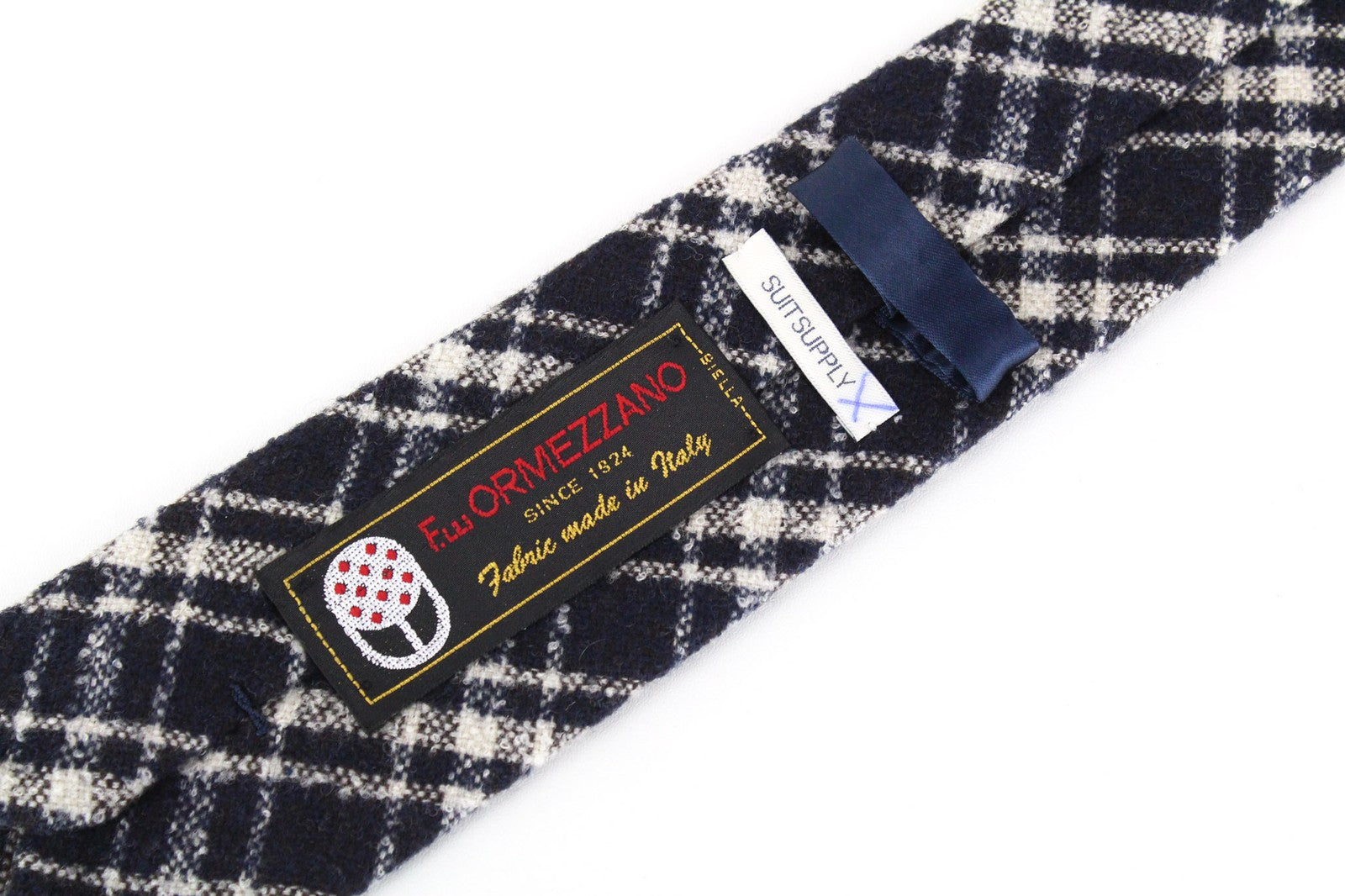 SUITSUPPLY vyriškas tamsiai mėlynas vilnos mišinio kaklaraištis ~150x8cm oficialus languotas smailiais galais 