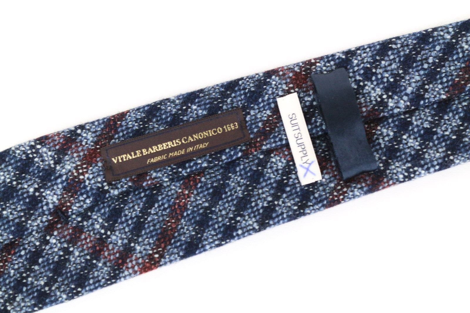 SUITSUPPLY vyriškas kaklaraištis ~150x8cm mėlynas languotas raštas vilnonis šilkas smailia apykakle 