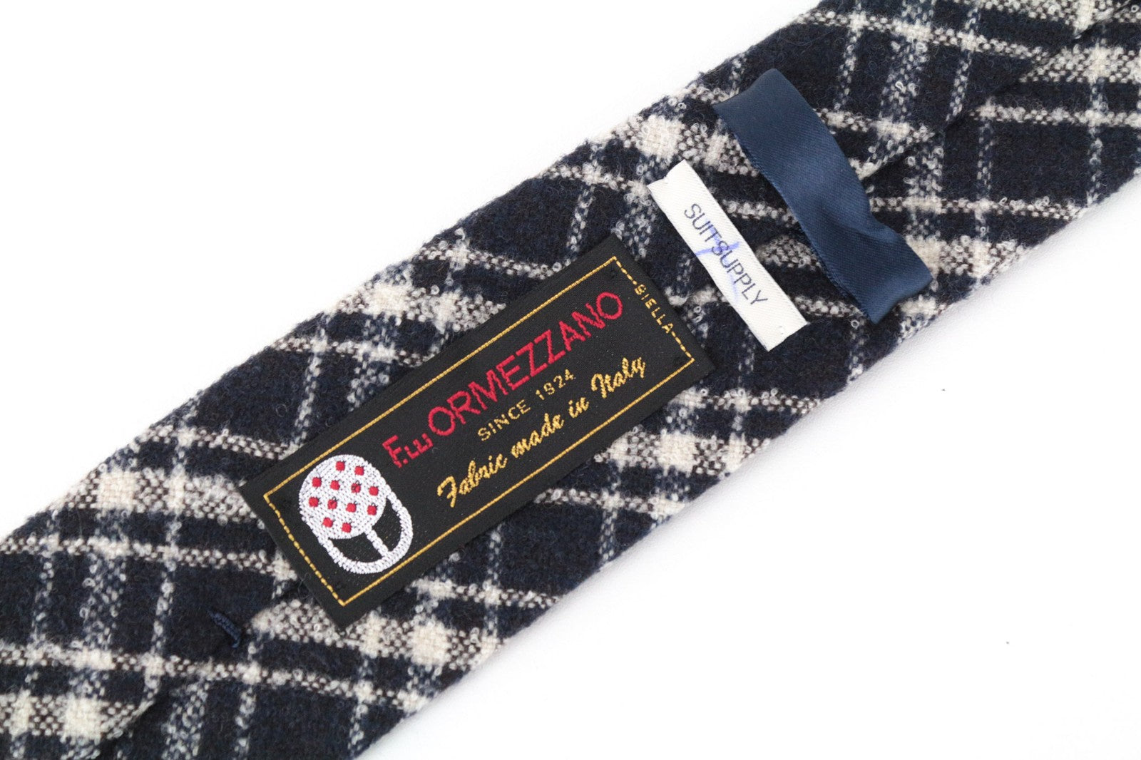 SUITSUPPLY vyriškas kaklaraištis ~150x8cm tamsiai mėlynas languotas raštas vilnos mišinio smailiais galais 