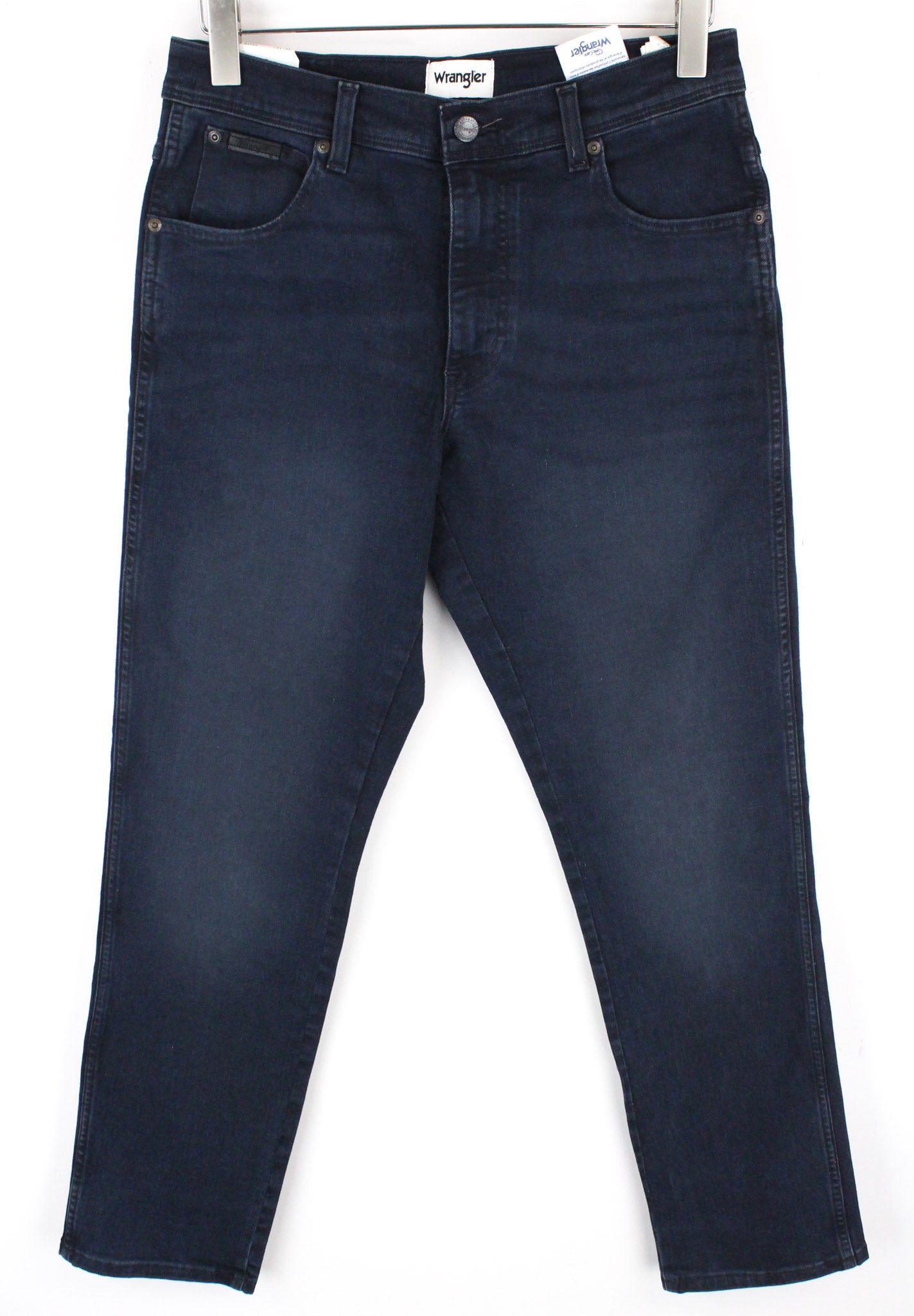 WRANGLER Texas džinsai W31 L32 vyriški, prigludę, mėlyni, tamprūs, užtrauktuku, aukštu liemeniu 