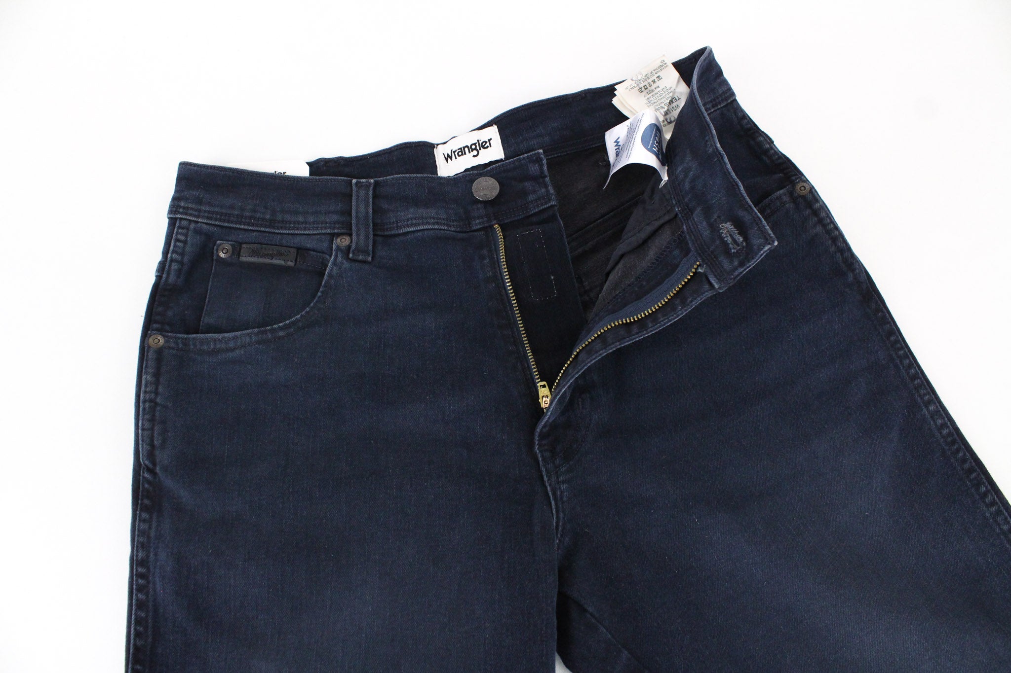 WRANGLER Texas džinsai W31 L32 vyriški, prigludę, mėlyni, tamprūs, užtrauktuku, aukštu liemeniu 