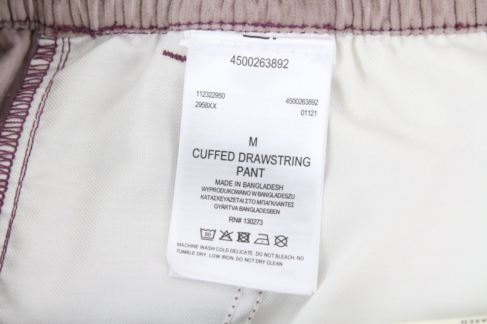 LEE Men's Pink Corduroy Pants M Relaxed Fit Cuffed Drawstring Casual Trousers