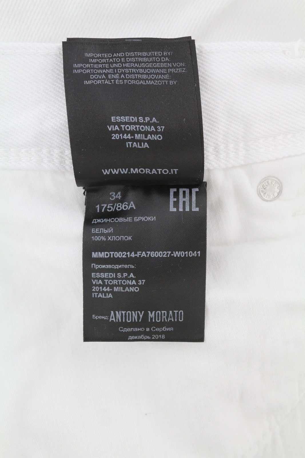 ANTONY MORATO Argon Men Jeans W34 Denim White Slim Fit Ankle Length Button Fly
