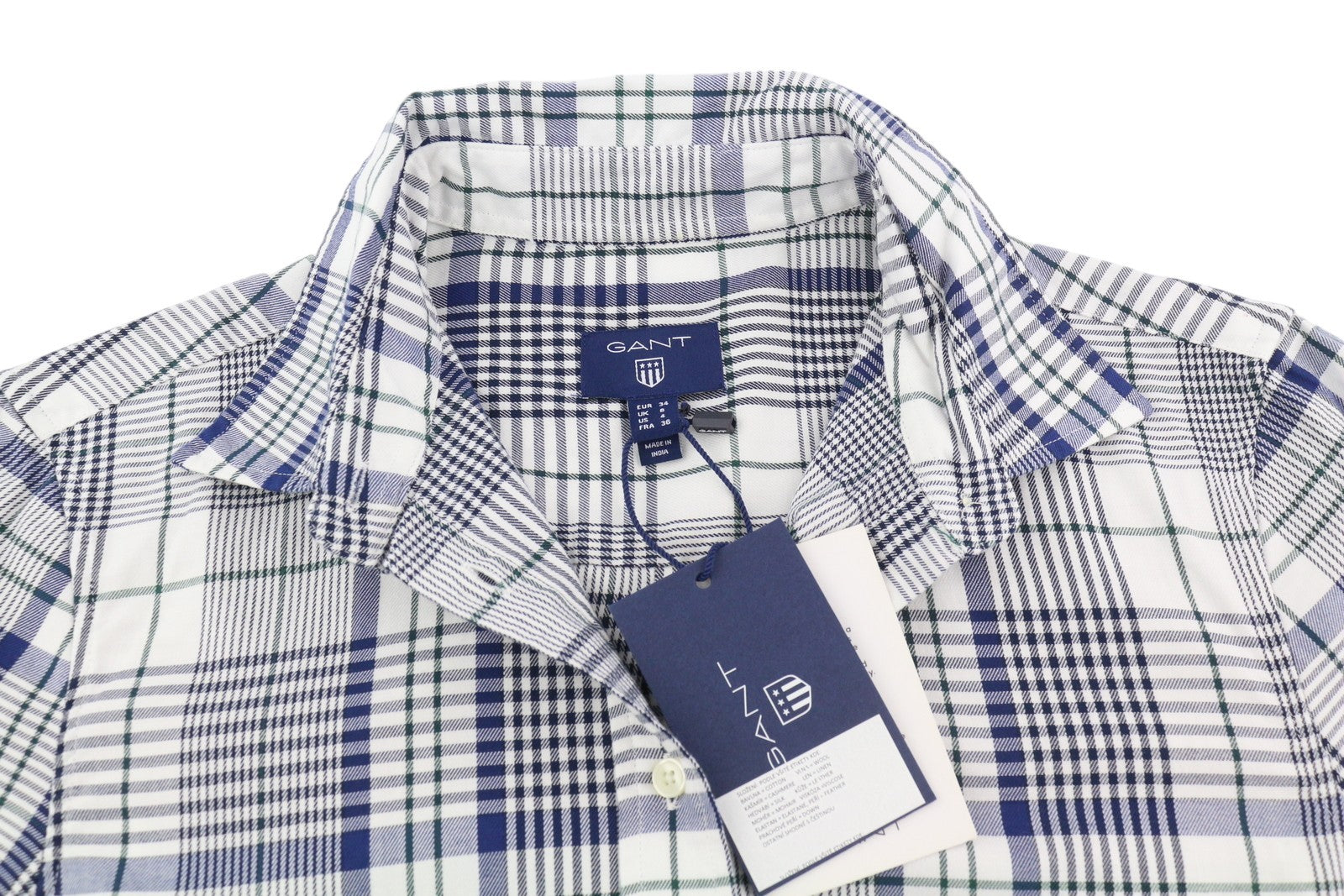 GANT flaneliniai moteriški marškinėliai, EU34, laisvalaikio, languotas raštas, sagomis užsegamas, išplatinta kaklo linija su logotipu 