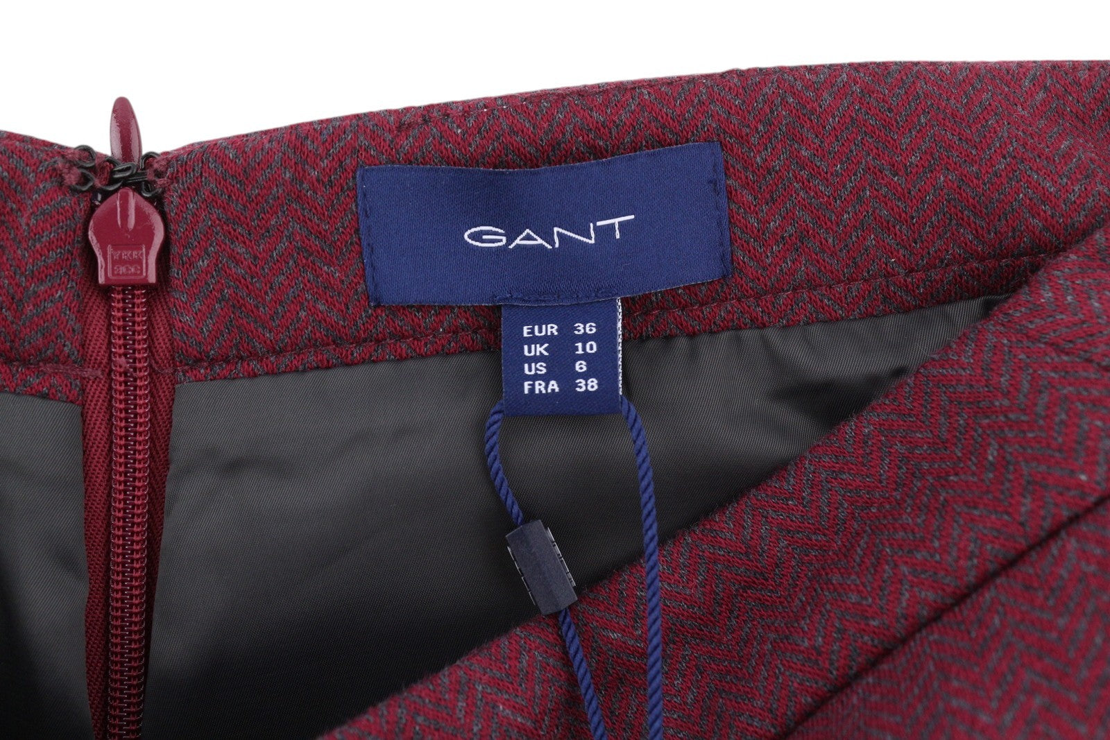 GANT Herringbone stiliaus džersio moteriškas sijonas, 36 dydžio, bordo spalvos, su kišenėmis, pamušalu ir užtrauktuku. 