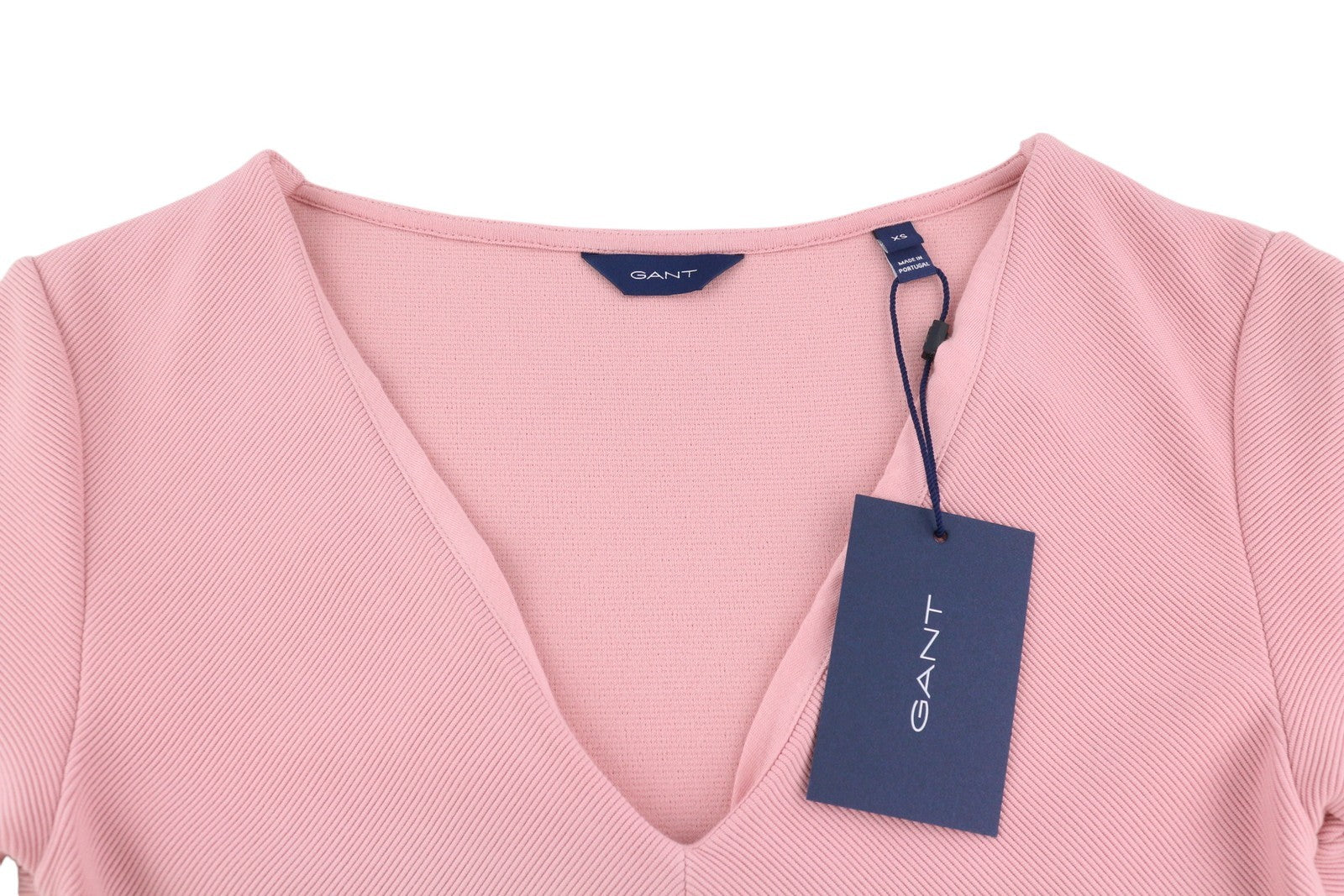 GANT „Rib Structure“ moteriška suknelė, XS, rožinė, trumpomis rankovėmis, tampri, V formos iškirpte, iki kelių. 