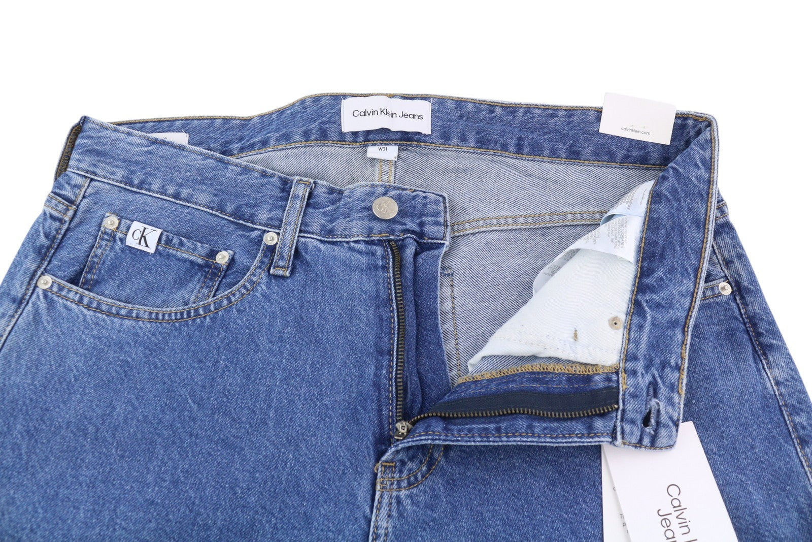 CALVIN KLEIN 90-ųjų laisvi krovininiai vyriški džinsai W31 džinso mėlyna įprasto kirpimo su užtrauktuku ir logotipu 