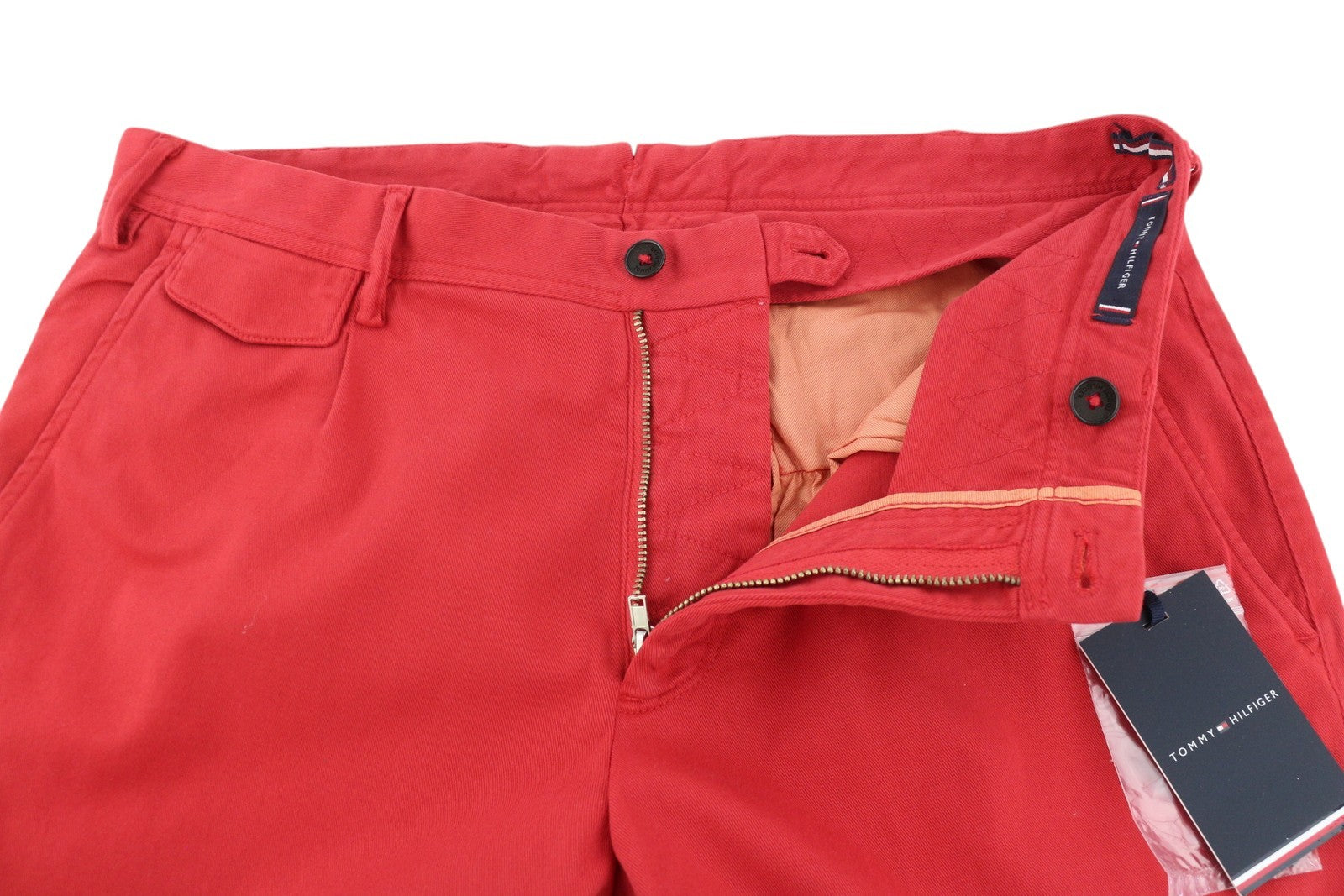 TOMMY HILFIGER „Twill Stretch“ vyriškos kelnės W32 Chino Pleated Slim Fit Zip Fly Red 