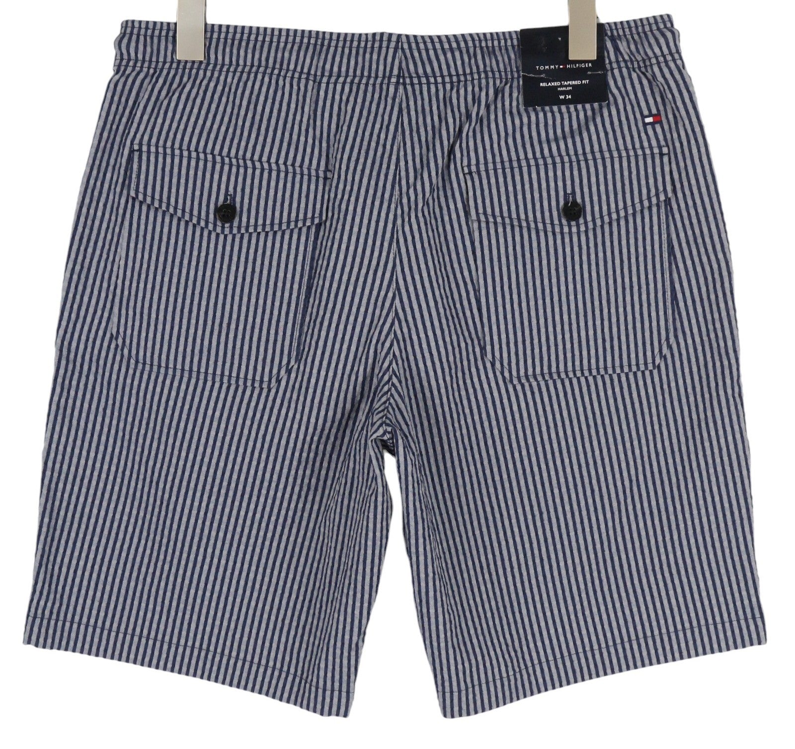 TOMMY HILFIGER Harlem Seersucker Stripe vyriški šortai W34 Relaxed Tapered Fit mėlyni 
