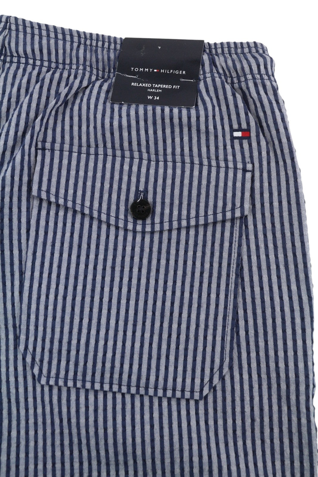 TOMMY HILFIGER Harlem Seersucker Stripe vyriški šortai W34 Relaxed Tapered Fit mėlyni 