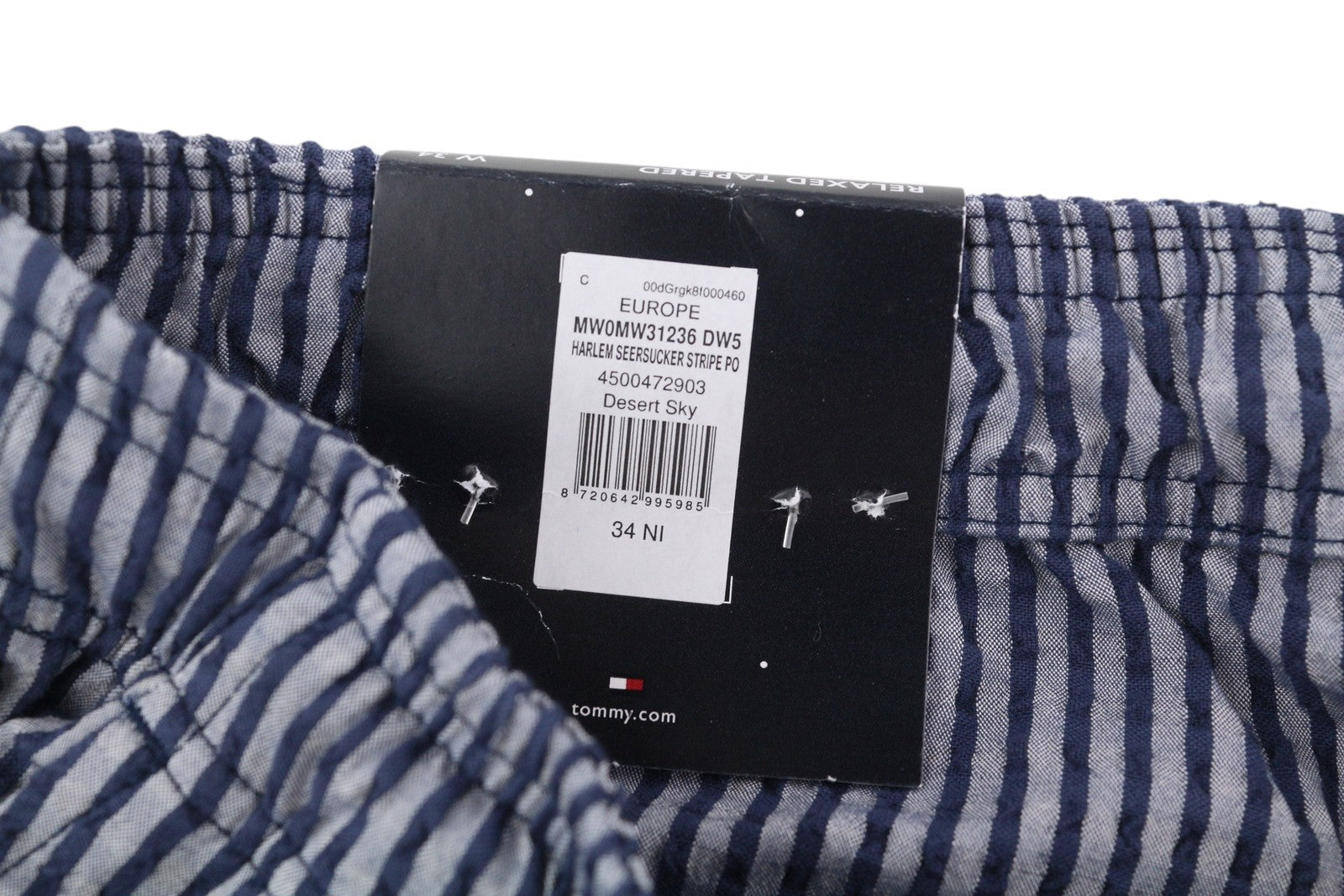 TOMMY HILFIGER Harlem Seersucker Stripe vyriški šortai W34 Relaxed Tapered Fit mėlyni 