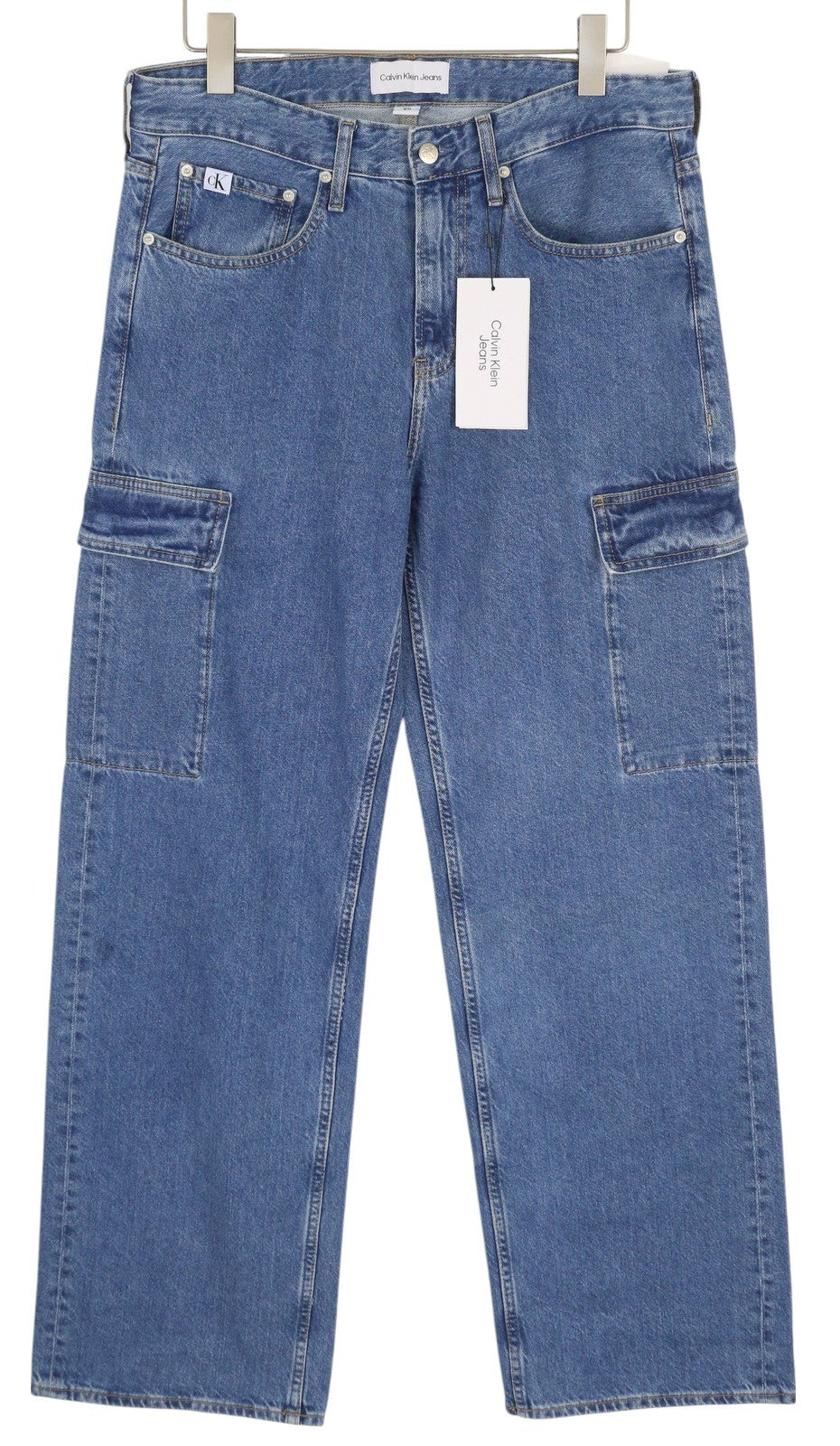 CALVIN KLEIN 90-ųjų laisvi krovininiai vyriški džinsai W32 džinso mėlyna įprasto kirpimo su užtrauktuku ir logotipu 