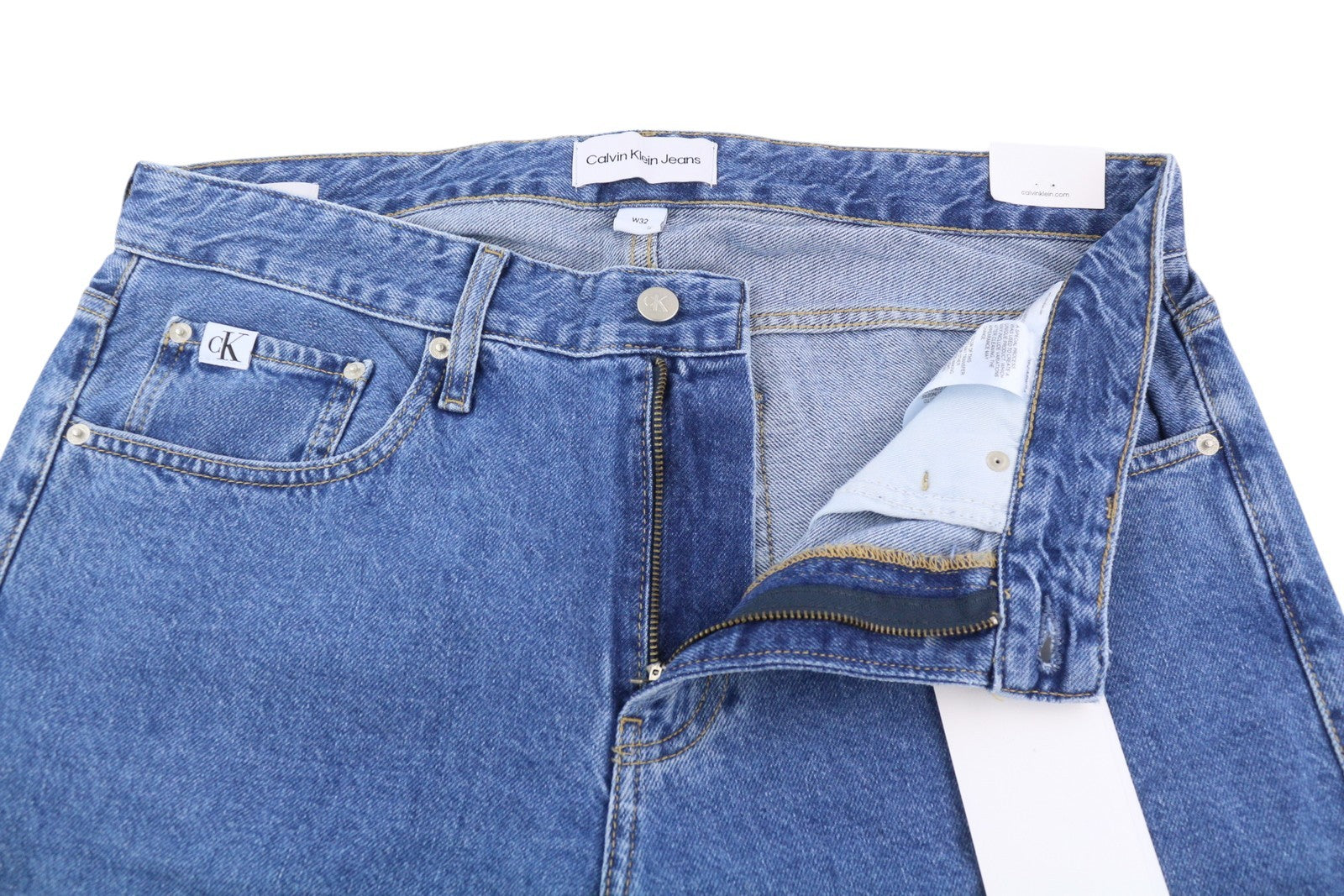 CALVIN KLEIN 90-ųjų laisvi krovininiai vyriški džinsai W32 džinso mėlyna įprasto kirpimo su užtrauktuku ir logotipu 