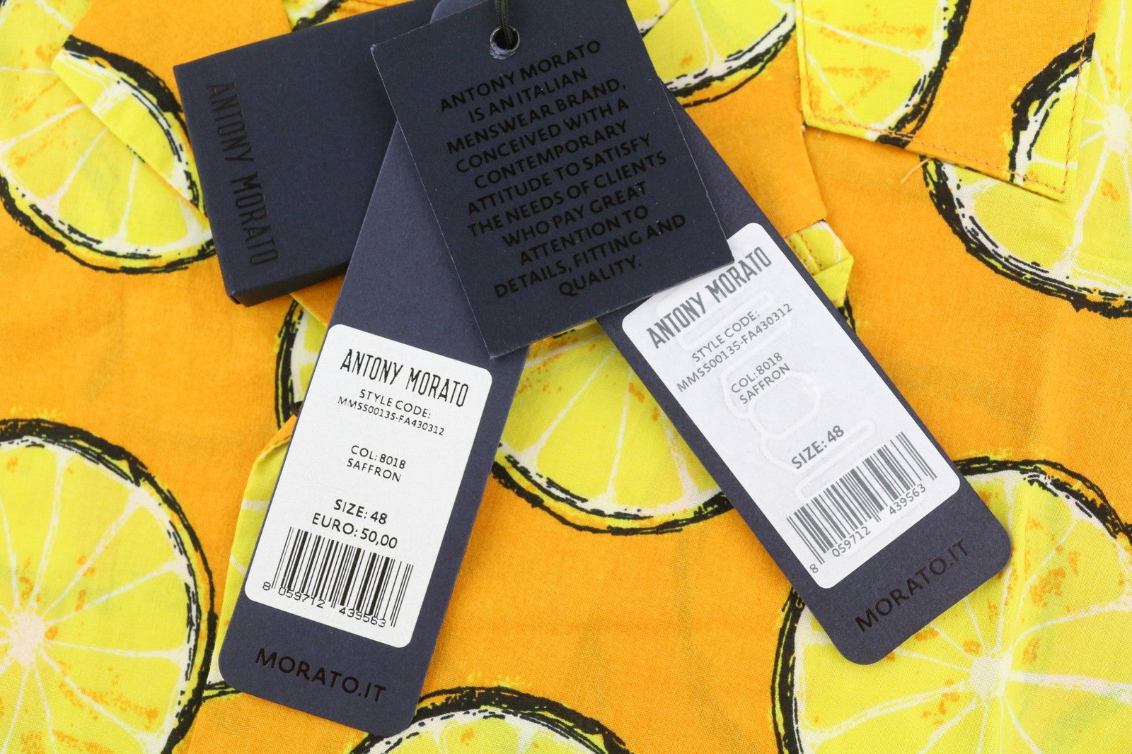 ANTONY MORATO vyriški marškinėliai M su geltonu citrininiu raštu, tiesaus kirpimo, trumpomis rankovėmis, sagomis užsegami.