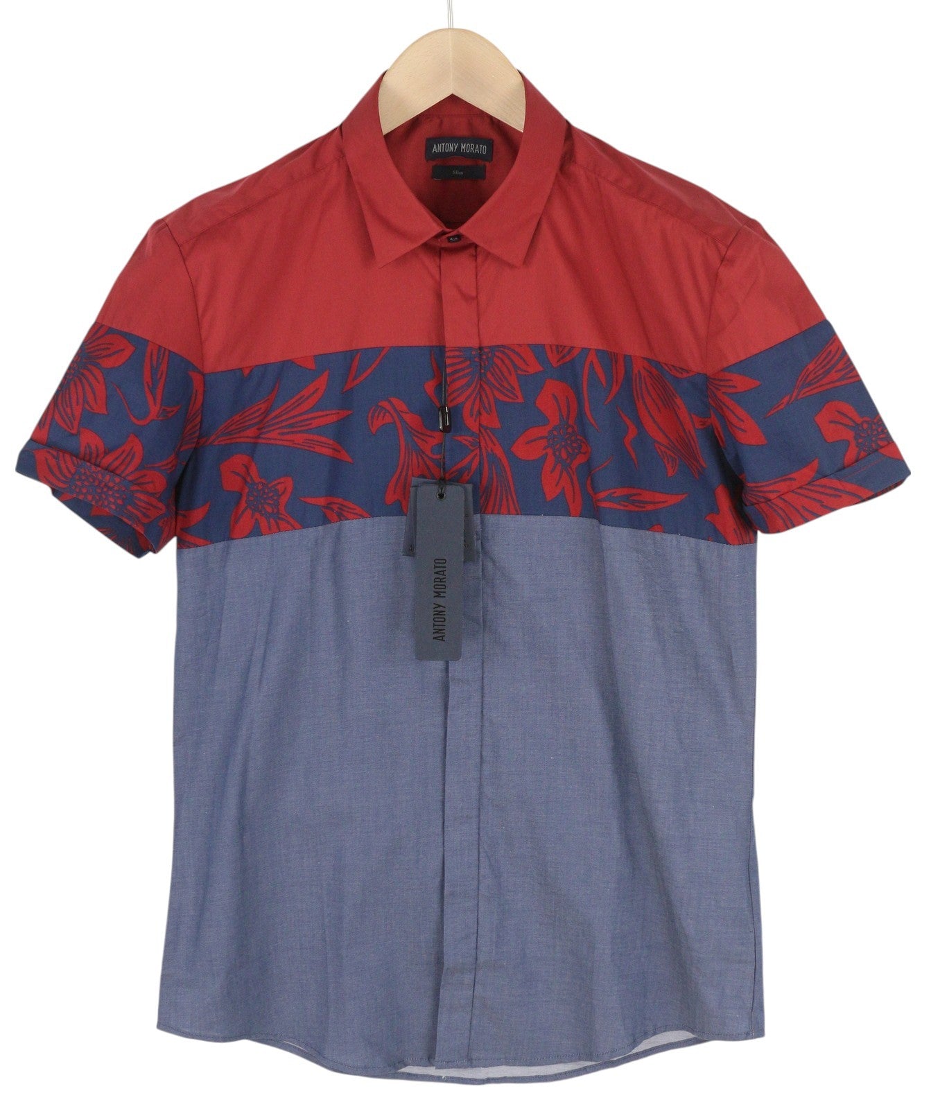 ANTONY MORATO vyriški marškinėliai M mėlyni trumpomis rankovėmis, sagomis užsegami, gėlėti, platėjančios iškirptės, laisvalaikio stiliaus.