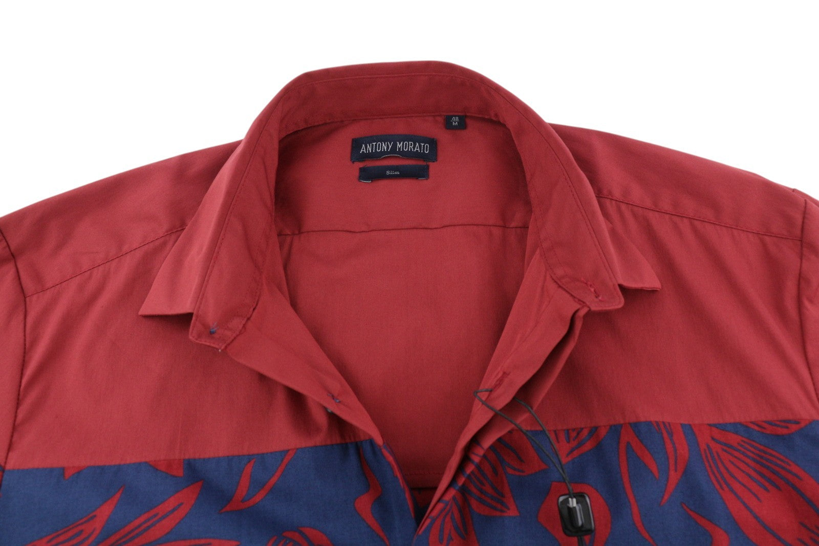 ANTONY MORATO vyriški marškinėliai M mėlyni trumpomis rankovėmis, sagomis užsegami, gėlėti, platėjančios iškirptės, laisvalaikio stiliaus.