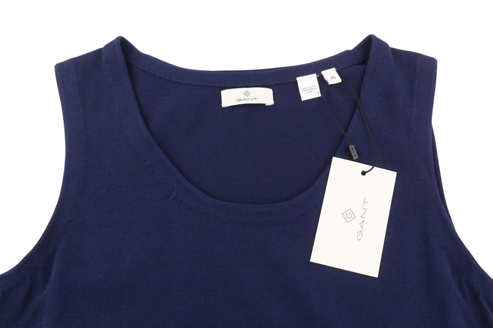 GANT megzta „Pima“ medvilninė moteriška suknelė be rankovių, XS dydžio, mėlyna, apvali iškirptė, mini dydžio 