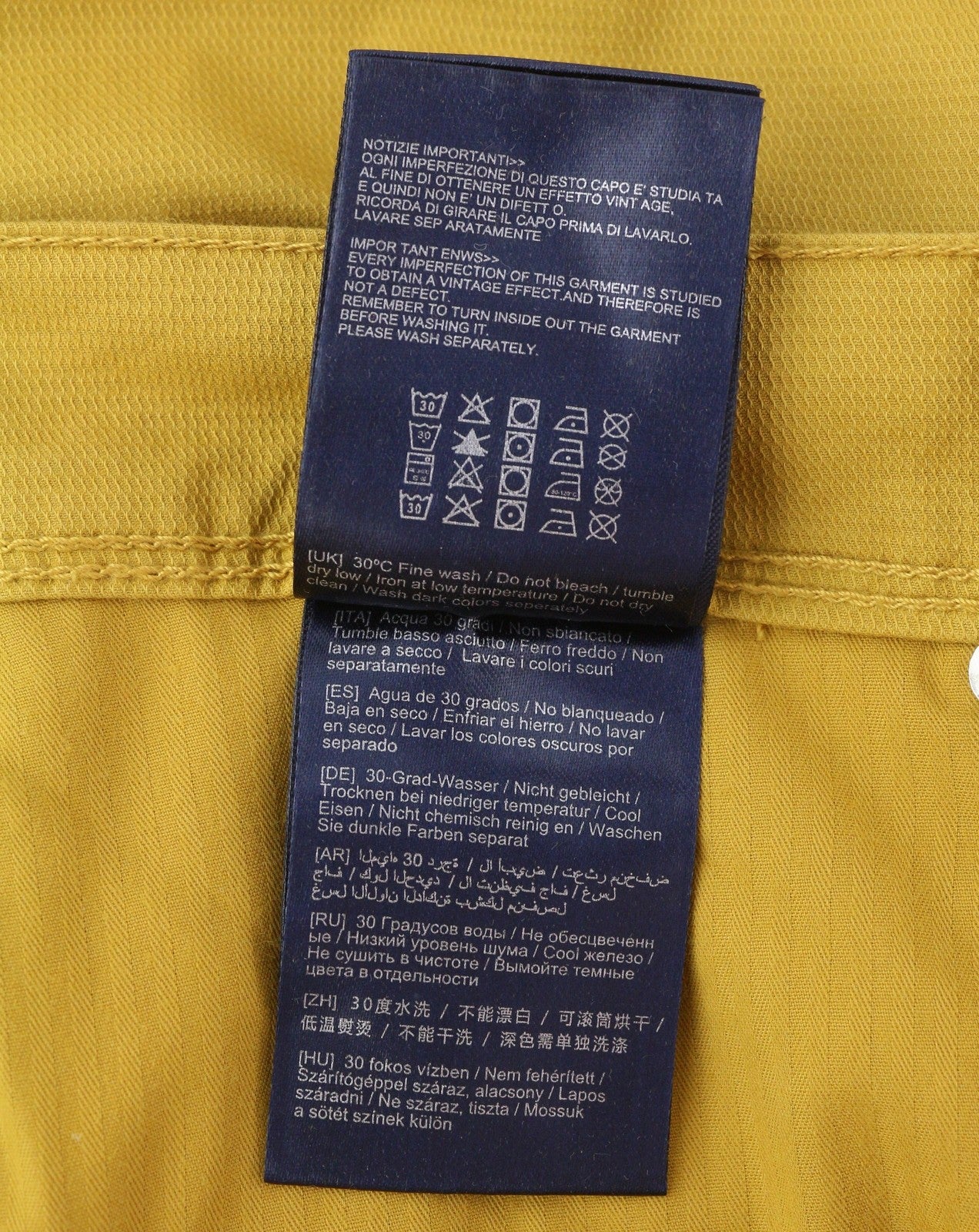 ANTONY MORATO Keith vyriškos kelnės W28 geltonos tekstūruotos, aptemptos, laisvalaikio stiliaus, su užtrauktuku. 