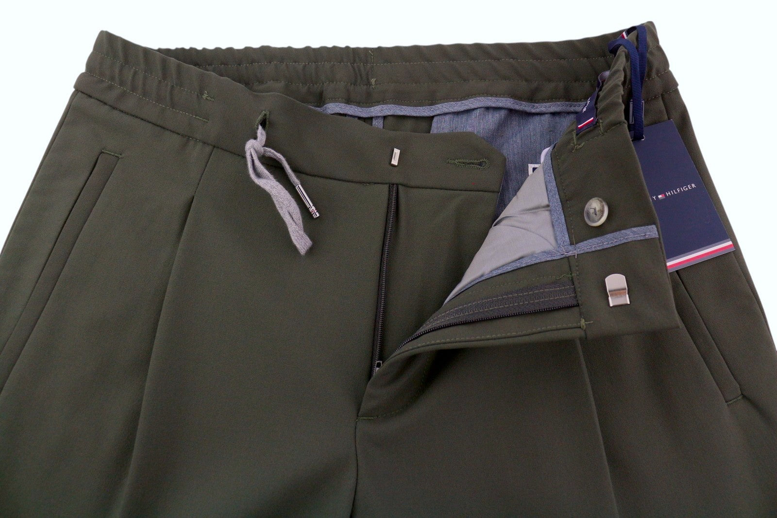 TOMMY HILFIGER THFlex vyriškos kelnės W31 Khaki Plain Plisuotos Elastic Waist Slim 