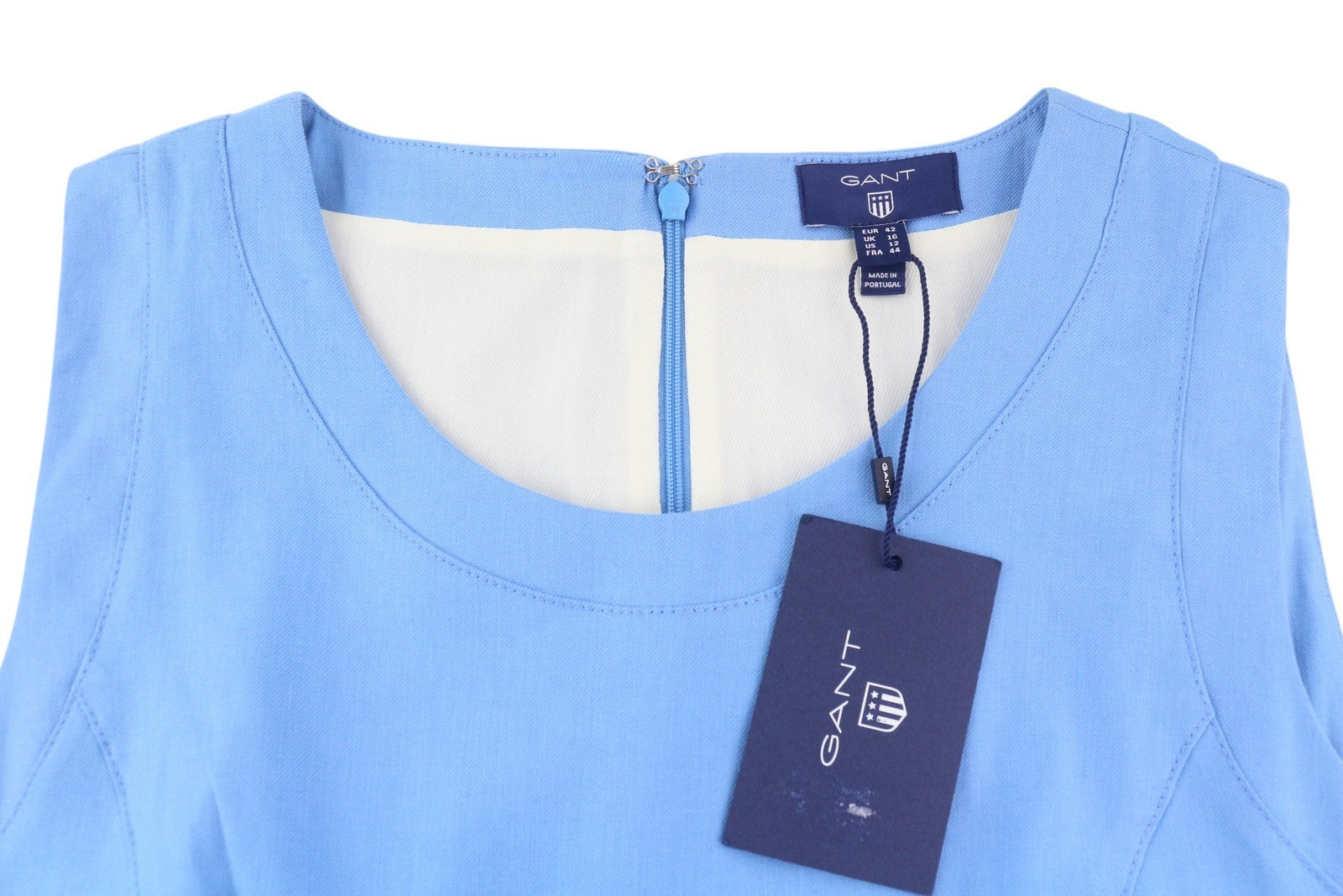 GANT lininė moteriška suknelė EU42 mėlyna be rankovių, su pamušalu, platėjančia apvalia apykakle, iki kelių 