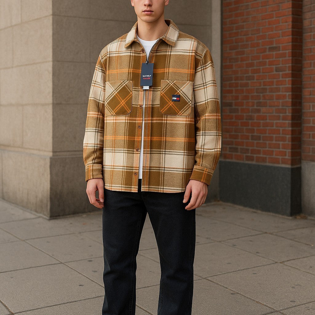 TOMMY HILFIGER vyriški marškinėliai su šukuotais languotais XL dydžio flaneliniais marškinėliais su storomis sagomis, rudi 