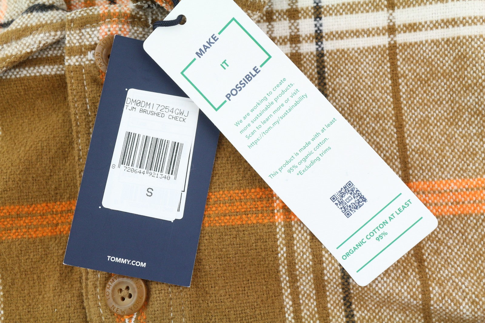 TOMMY HILFIGER vyriški marškinėliai su šukuotais languotais langais, S dydžio flaneliniai marškinėliai su storomis sagomis, rudi