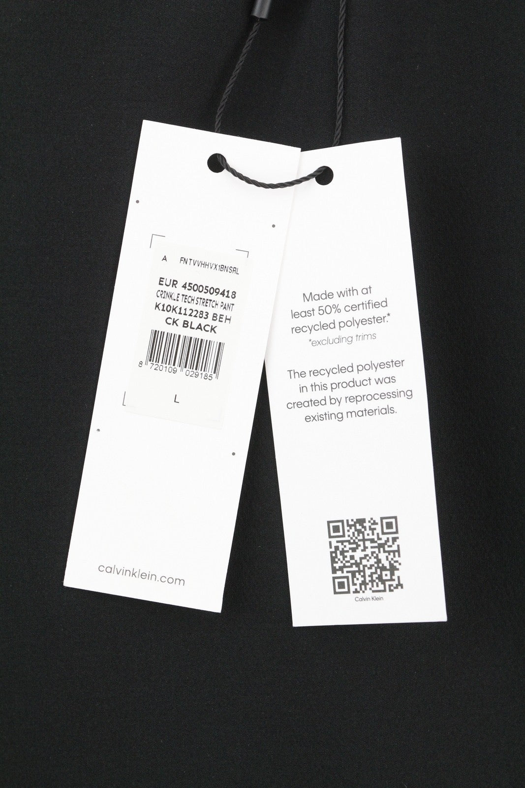 CALVIN KLEIN Crinkle Tech Stretch vyriškos kelnės L juodos, plonos, elastingo juosmens 