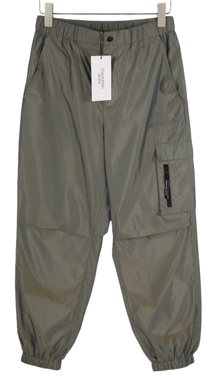 CALVIN KLEIN vyriškos kelnės S pilkos su elastingu juosmeniu, blizgančio stiliaus, plonos, užtrauktuku, krovininės. 