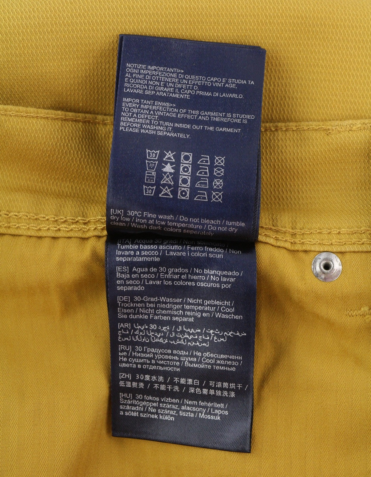 ANTONY MORATO Keith vyriškos kelnės W34 geltonos tekstūruotos, aptemptos, laisvalaikio stiliaus, su užtrauktuku. 