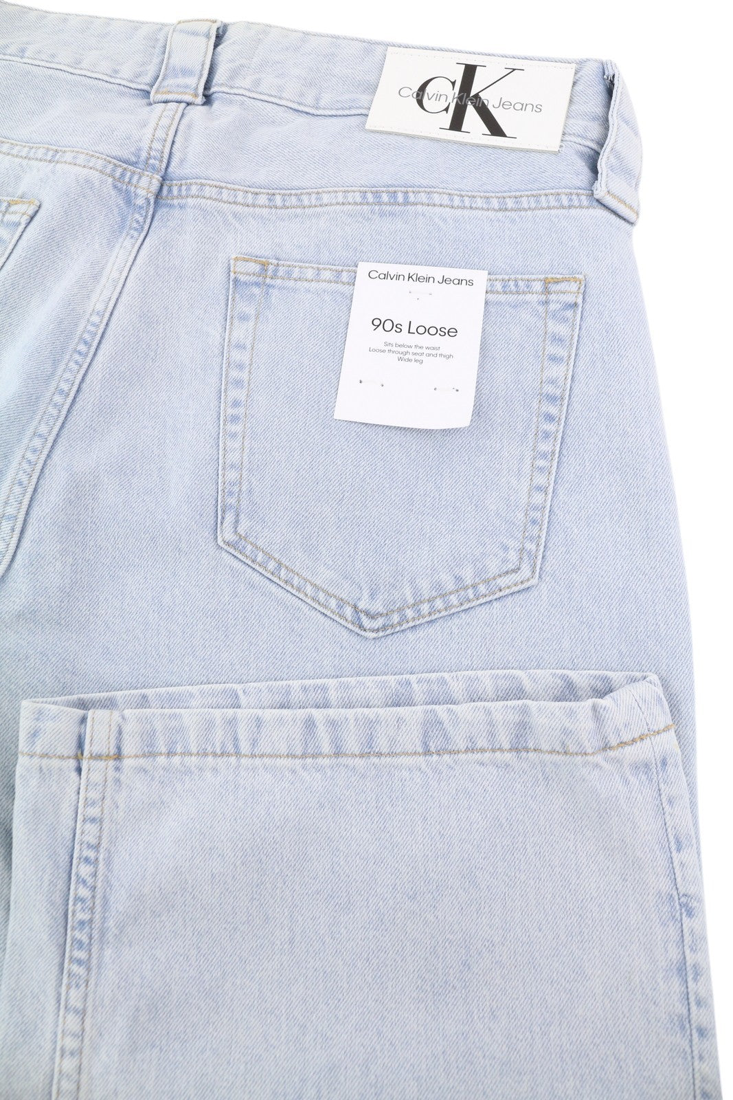 CALVIN KLEIN 90-ųjų laisvi klostuoti vyriški džinsai W32 su skalbtos mėlynos spalvos plačiomis užtrauktukais, rekomenduojama kaina – 272 USD 