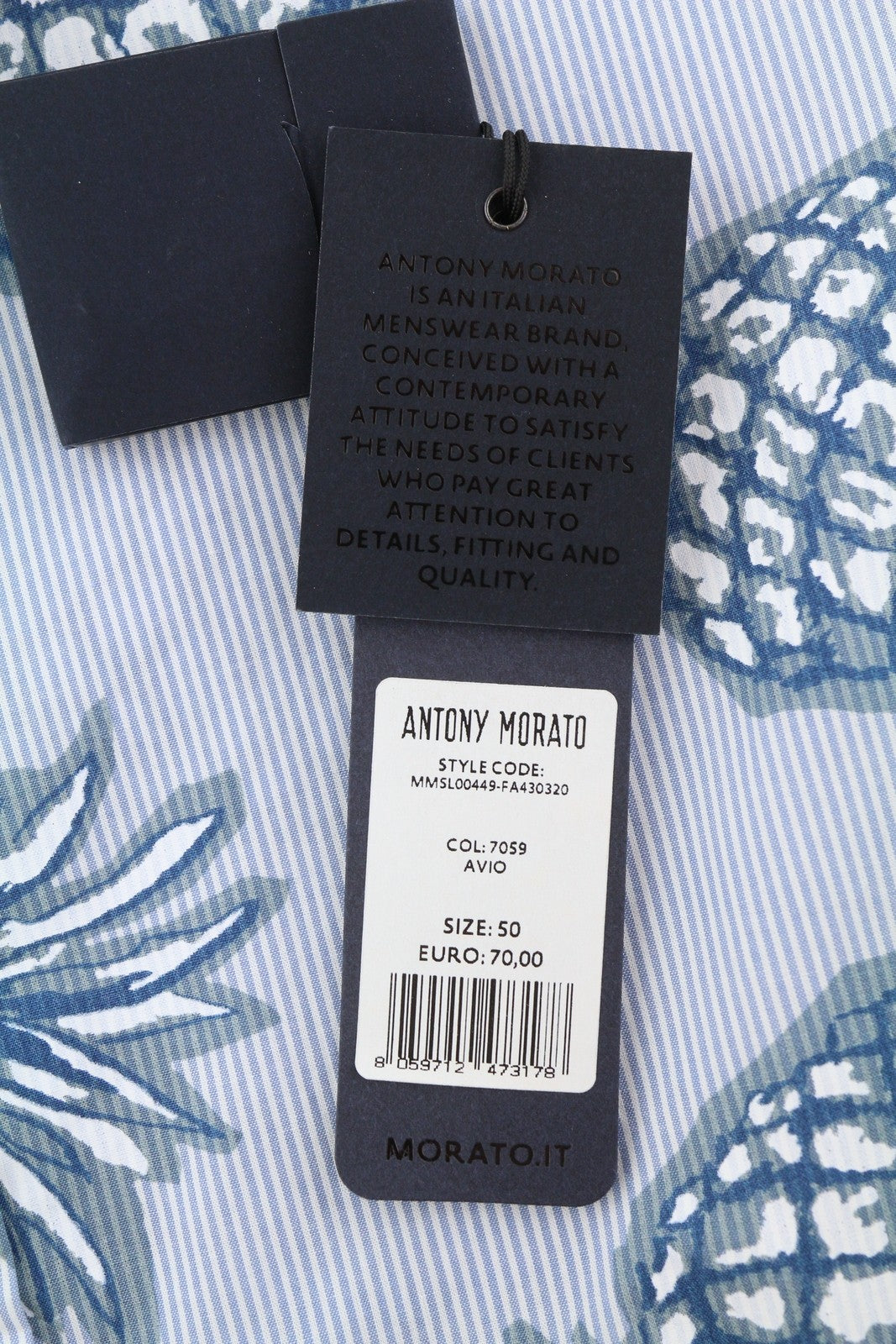 ANTONY MORATO vyriški marškinėliai L dydžio, mėlyni, ploni dryžuoti, ananasų rašto, susukami, su sagomis žemyn.