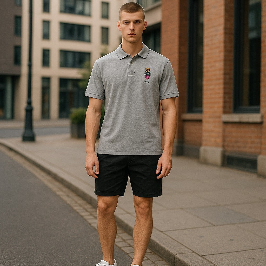 RLX RALPH LAUREN golfo vyriški marškinėliai pilki, siuvinėti meškiuko formos, trumpomis rankovėmis. 