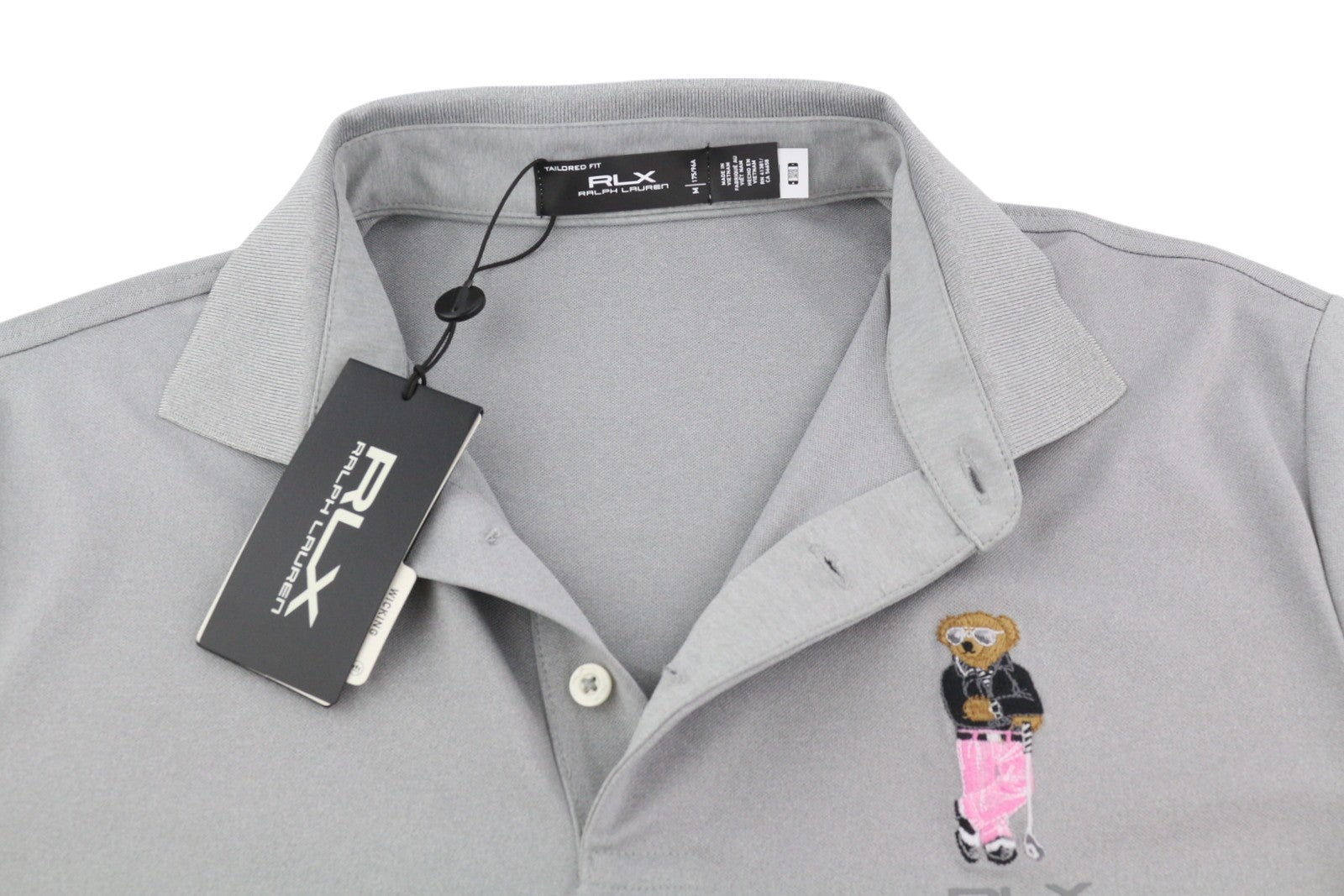 RLX RALPH LAUREN golfo vyriški marškinėliai pilki, siuvinėti meškiuko formos, trumpomis rankovėmis. 