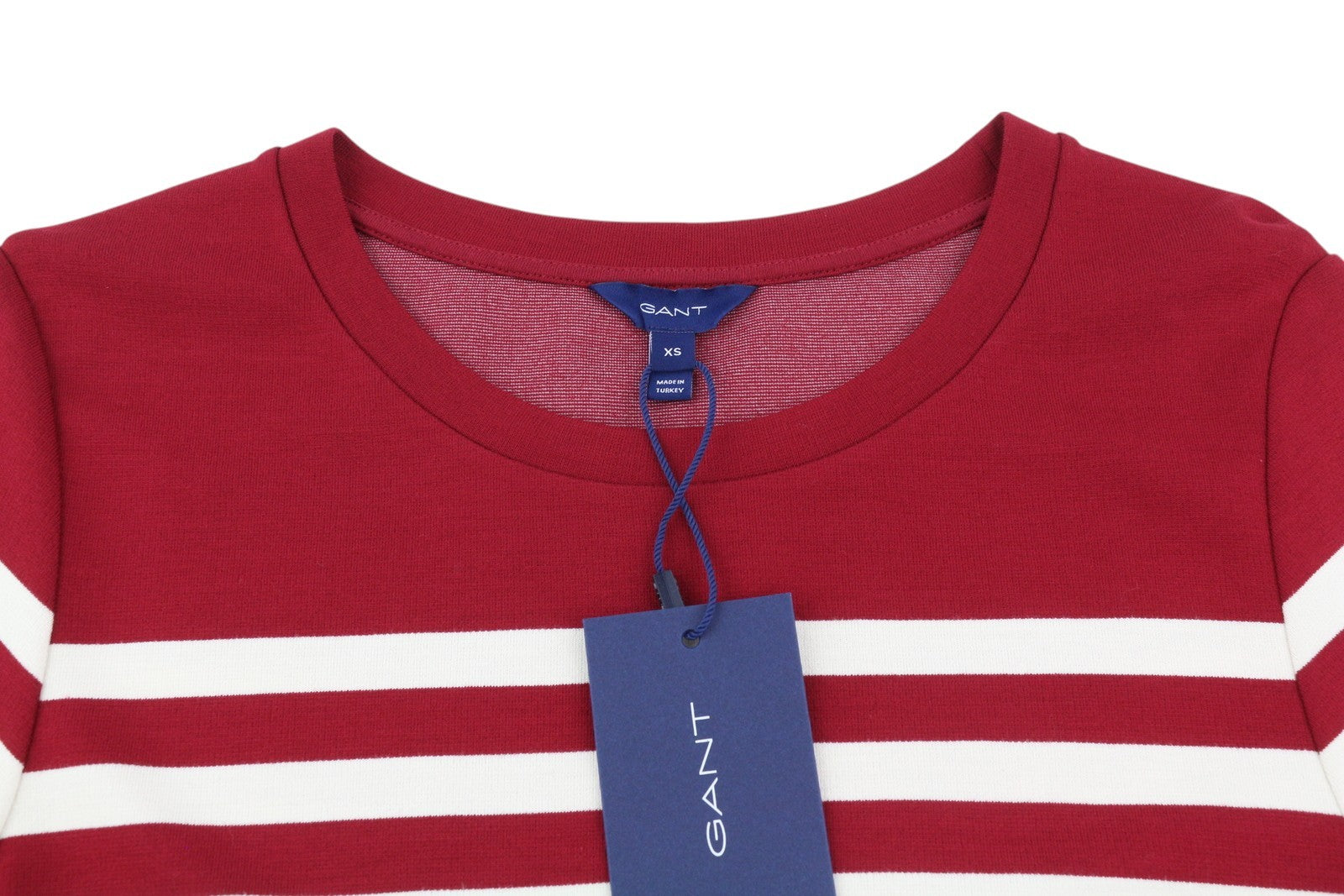 GANT dryžuota moteriška suknelė XS, bordo spalvos, apvali iškirptė, 3/4 rankovės, iki kelių. 