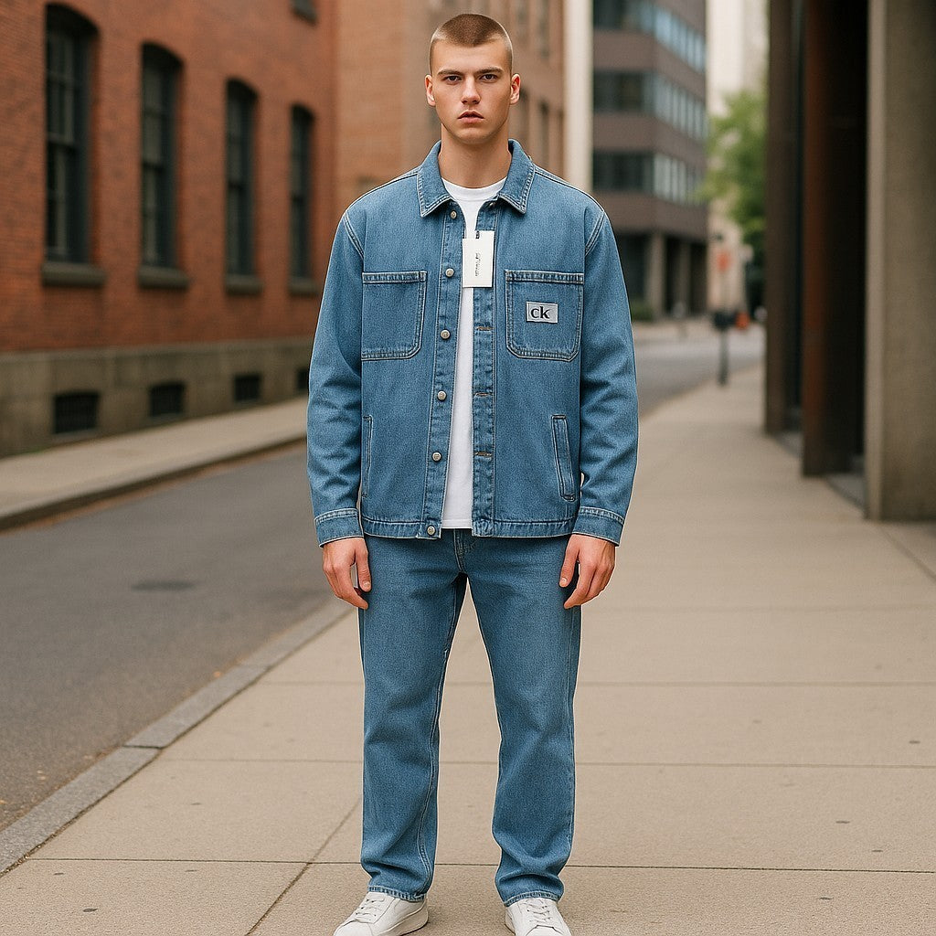 CALVIN KLEIN vyriška džinsinio mėlynumo striukė su dideliu dydžiu ir sagomis, rekomenduojama kaina – 119 € 