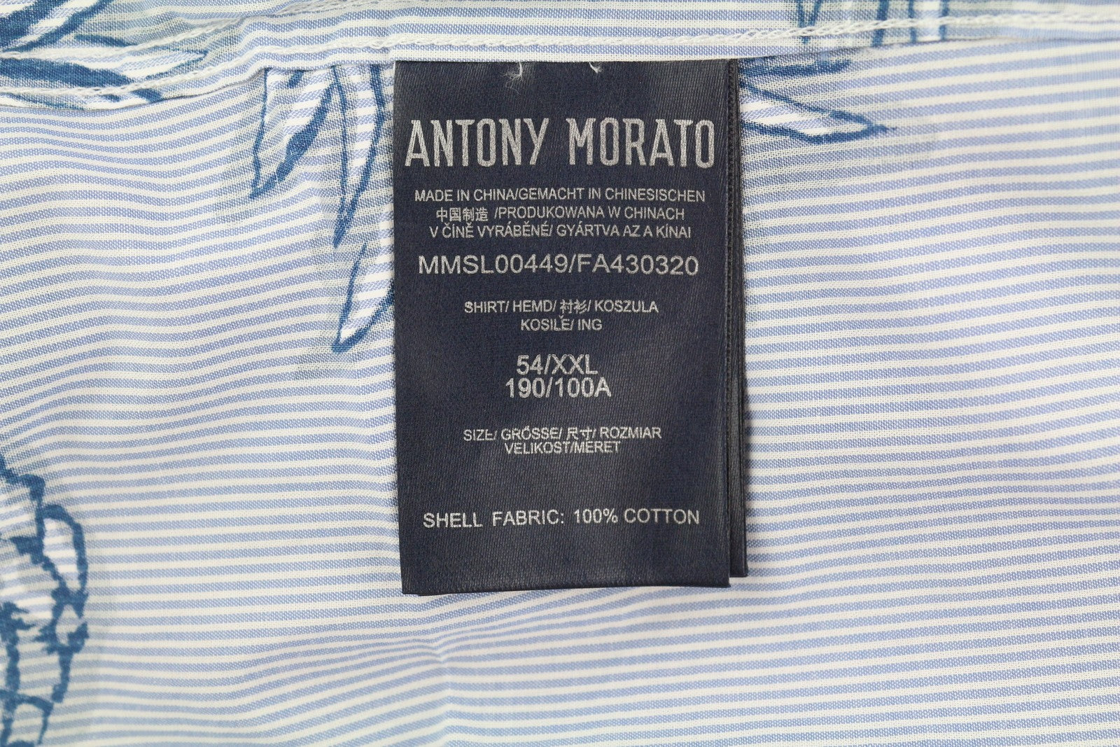 ANTONY MORATO vyriški marškinėliai, 2XL, mėlyni, ploni dryžuoti, ananasų rašto, susukami, su sagomis žemyn.