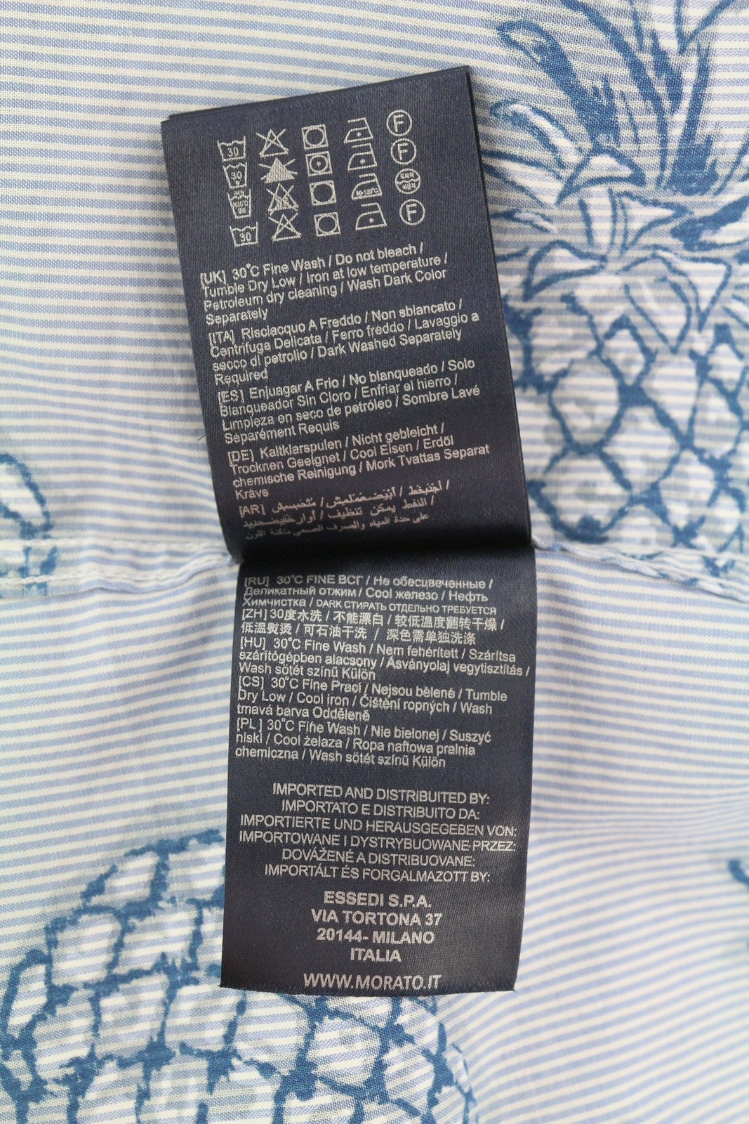 ANTONY MORATO vyriški marškinėliai, 2XL, mėlyni, ploni dryžuoti, ananasų rašto, susukami, su sagomis žemyn.