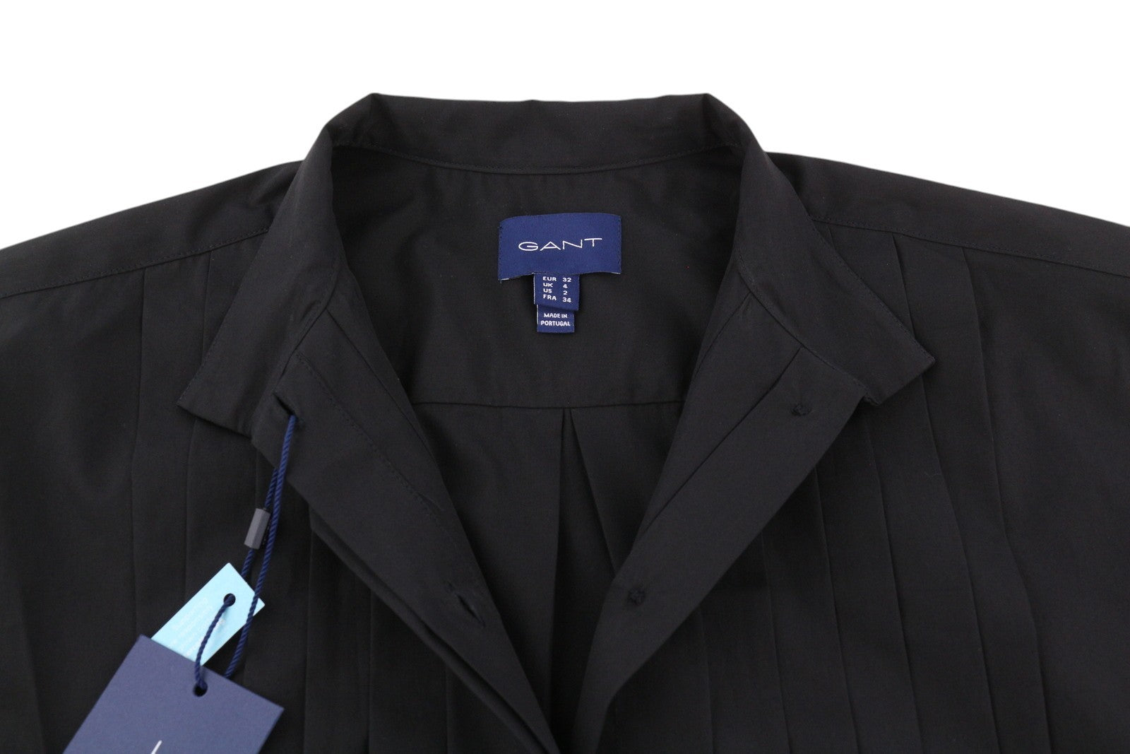 GANT Tux klostuoti laisvalaikio stiliaus moteriški marškinėliai, 32 dydžio, juodi, su sagomis užsegama juostele, ilgomis rankovėmis 