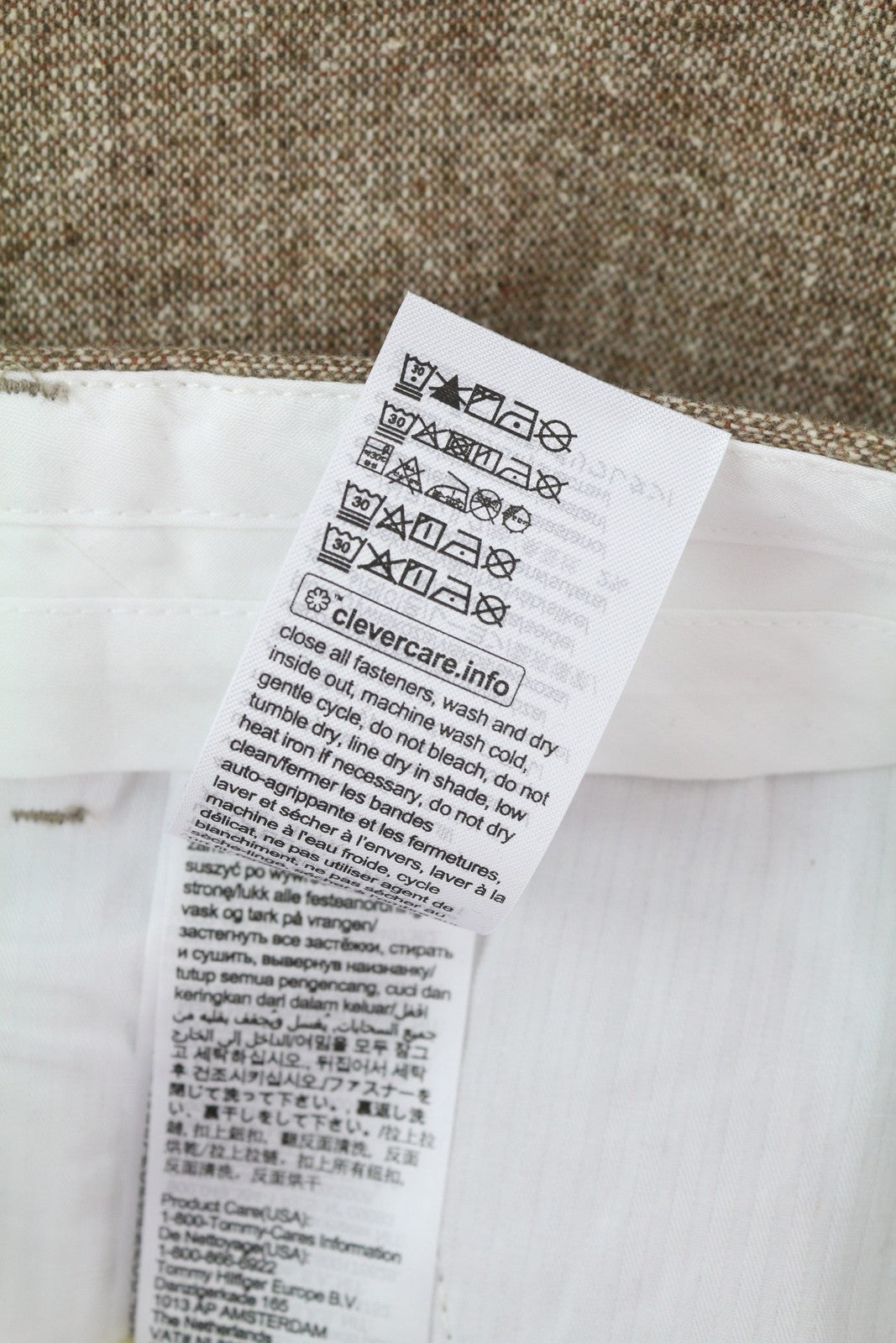 TOMMY HILFIGER Hampton vyriškos kelnės W33/L34 rudos vilnos ir šilko mišinio plonos siaurėjančios 