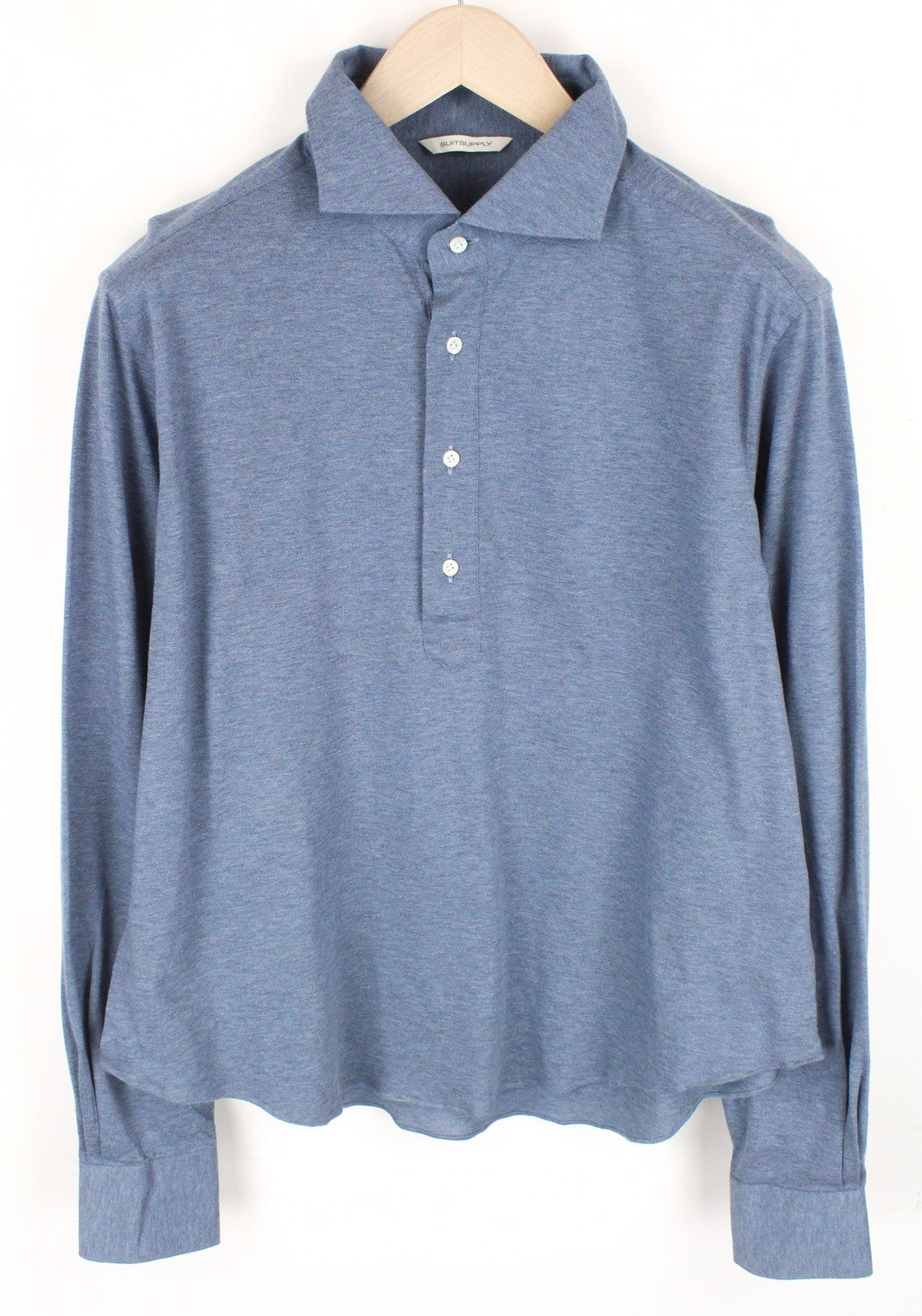 SUITSUPPLY vyriški marškinėliai ~L šviesiai mėlyni platėjančios apykaklės melanžo medvilniniai elegantiško kirpimo marškinėliai 