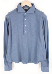 SUITSUPPLY vyriški marškinėliai ~L šviesiai mėlyni platėjančios apykaklės melanžo medvilniniai elegantiško kirpimo marškinėliai 