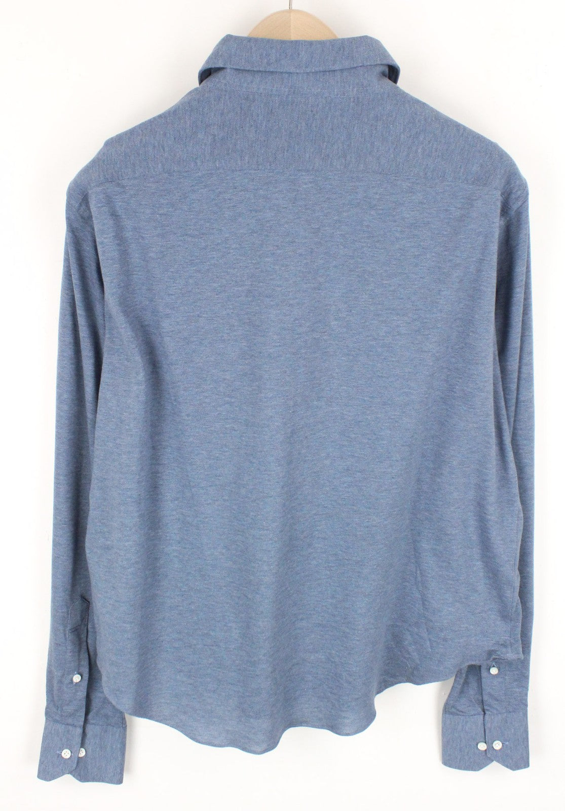 SUITSUPPLY vyriški marškinėliai ~L šviesiai mėlyni platėjančios apykaklės melanžo medvilniniai elegantiško kirpimo marškinėliai 